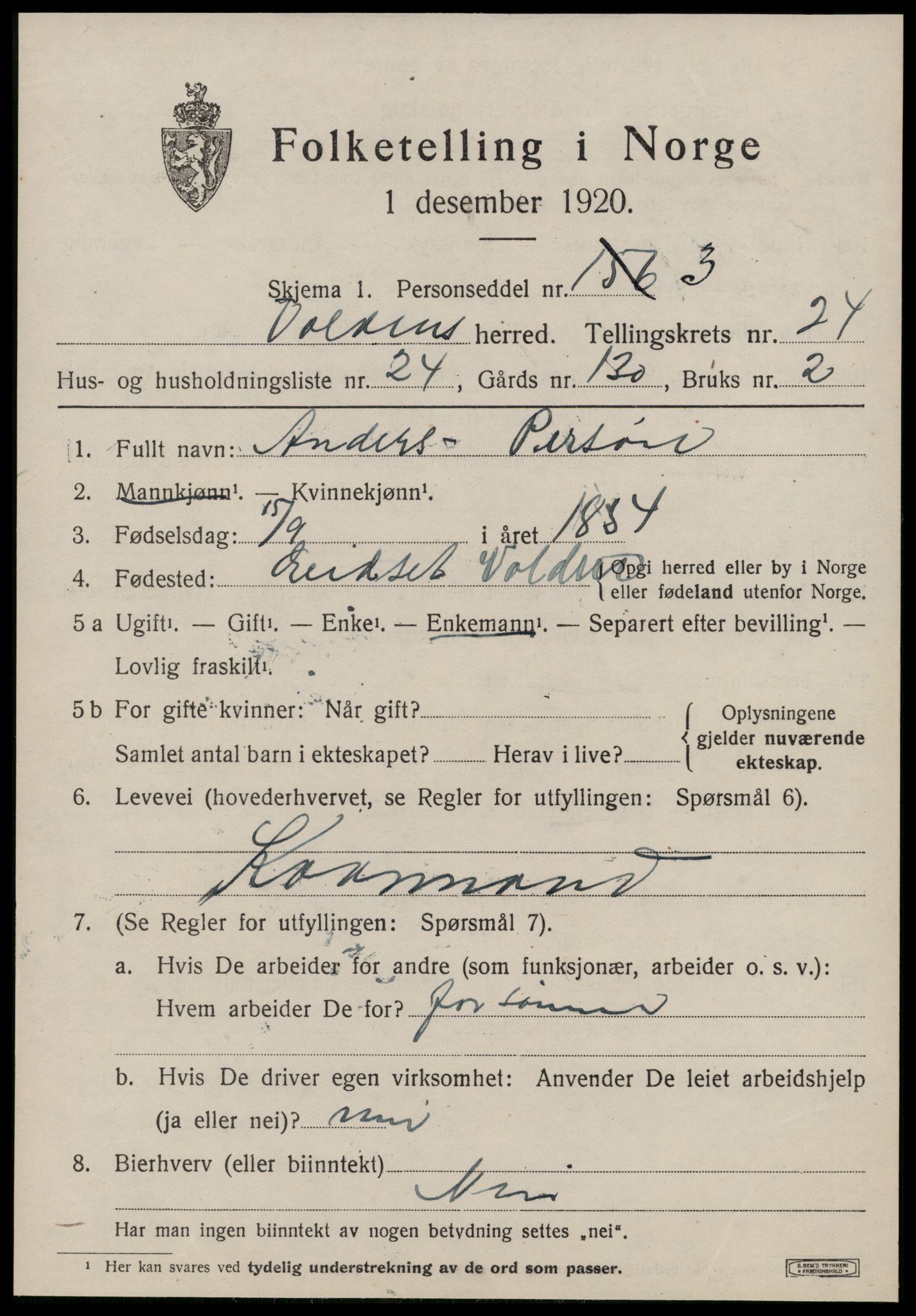 SAT, 1920 census for Volda, 1920, p. 12070