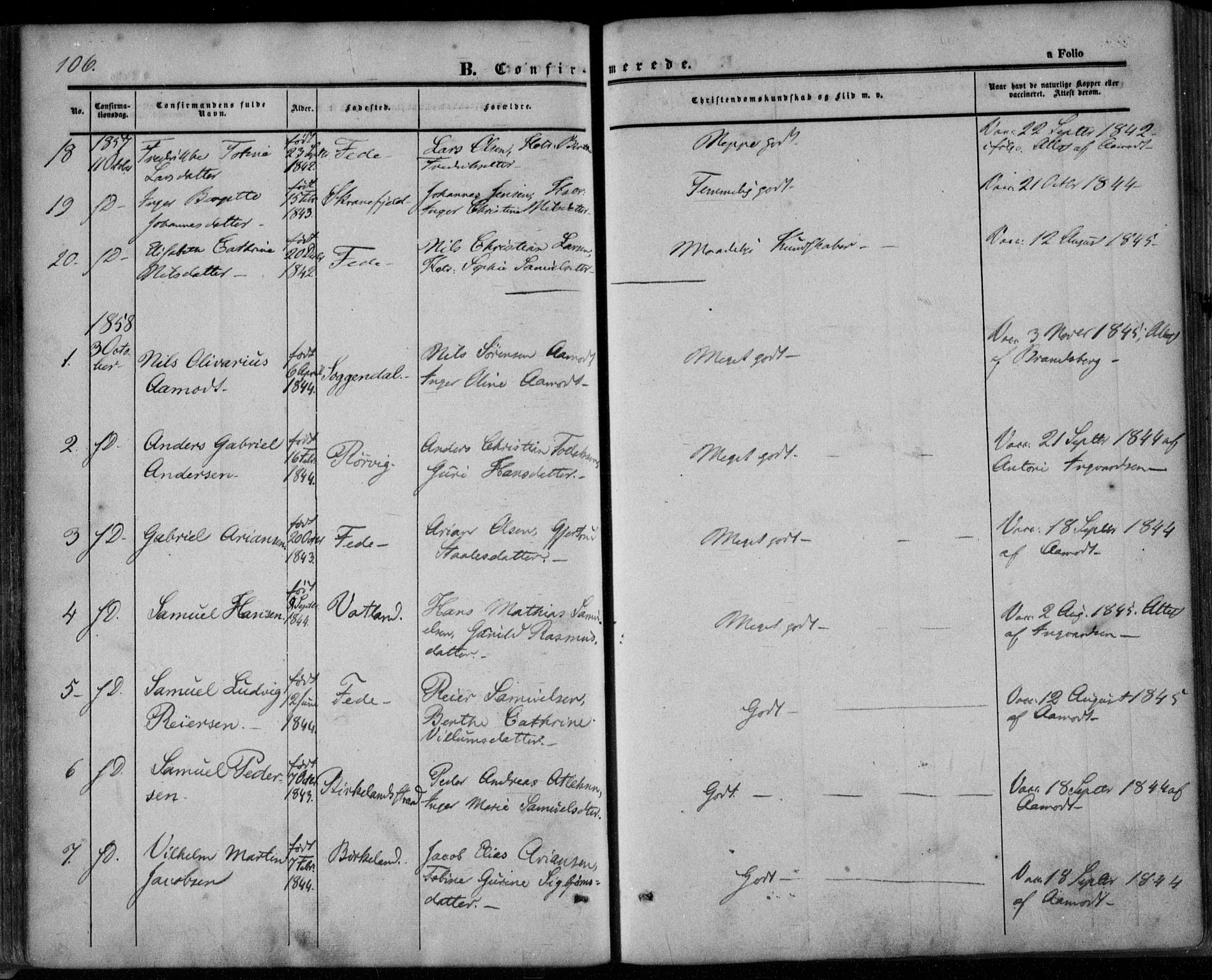 Kvinesdal sokneprestkontor, SAK/1111-0026/F/Fa/Faa/L0002: Parish register (official) no. A 2, 1850-1876, p. 106