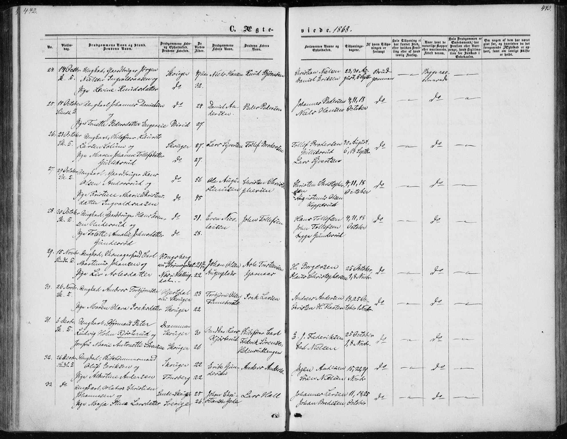 Skoger kirkebøker, AV/SAKO-A-59/F/Fa/L0004: Parish register (official) no. I 4, 1862-1872, p. 442-443