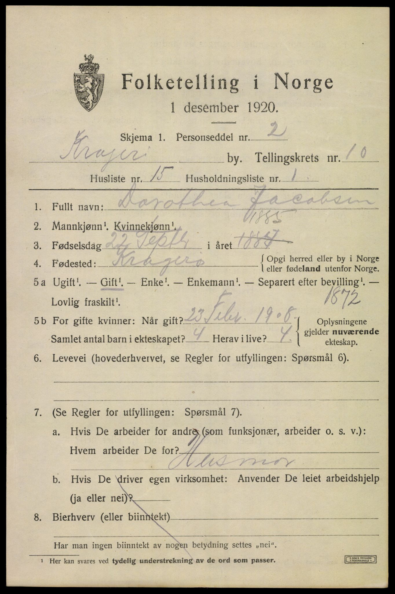 SAKO, 1920 census for Kragerø, 1920, p. 13165