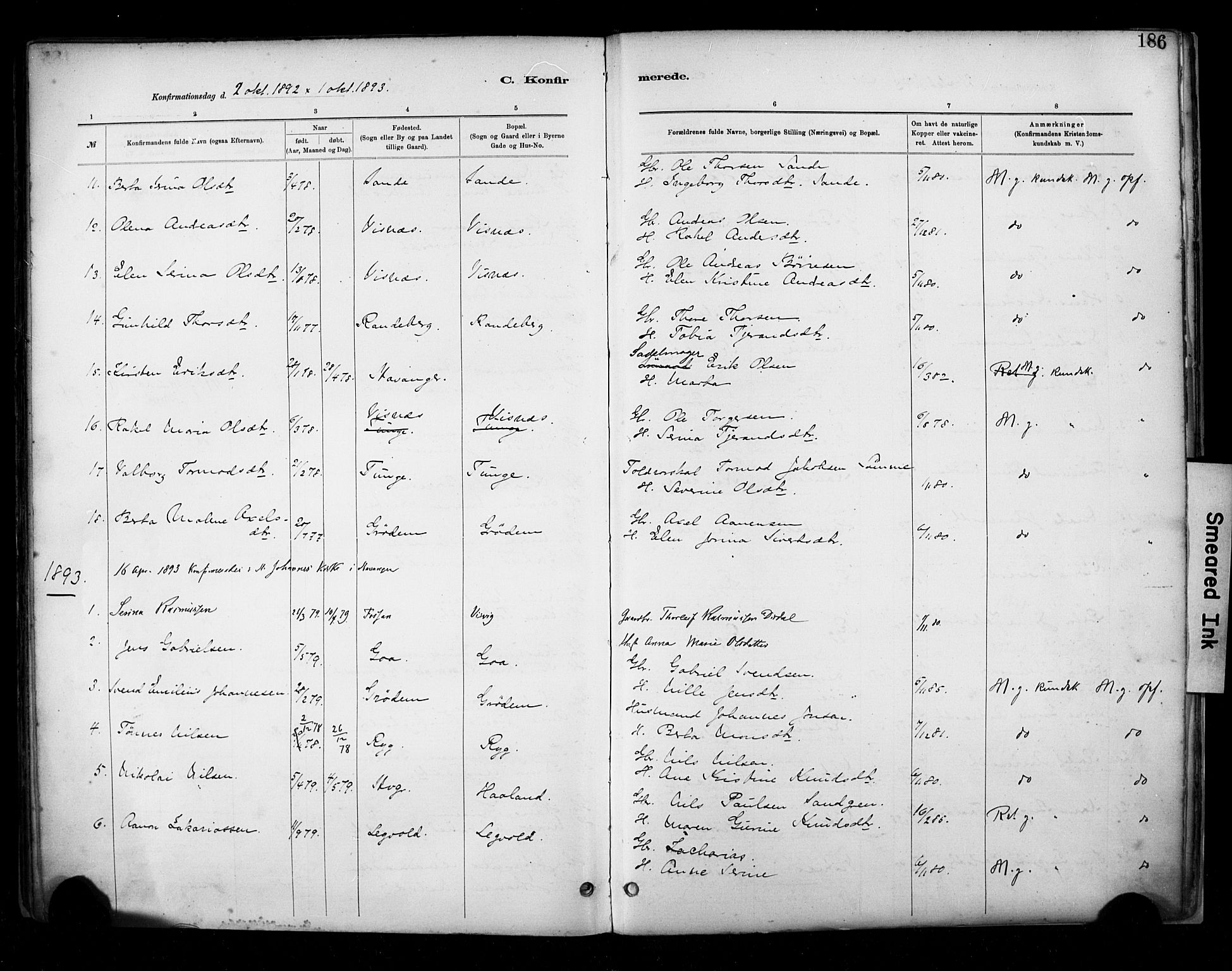 Hetland sokneprestkontor, SAST/A-101826/30/30BA/L0009: Parish register (official) no. A 9, 1882-1918, p. 186