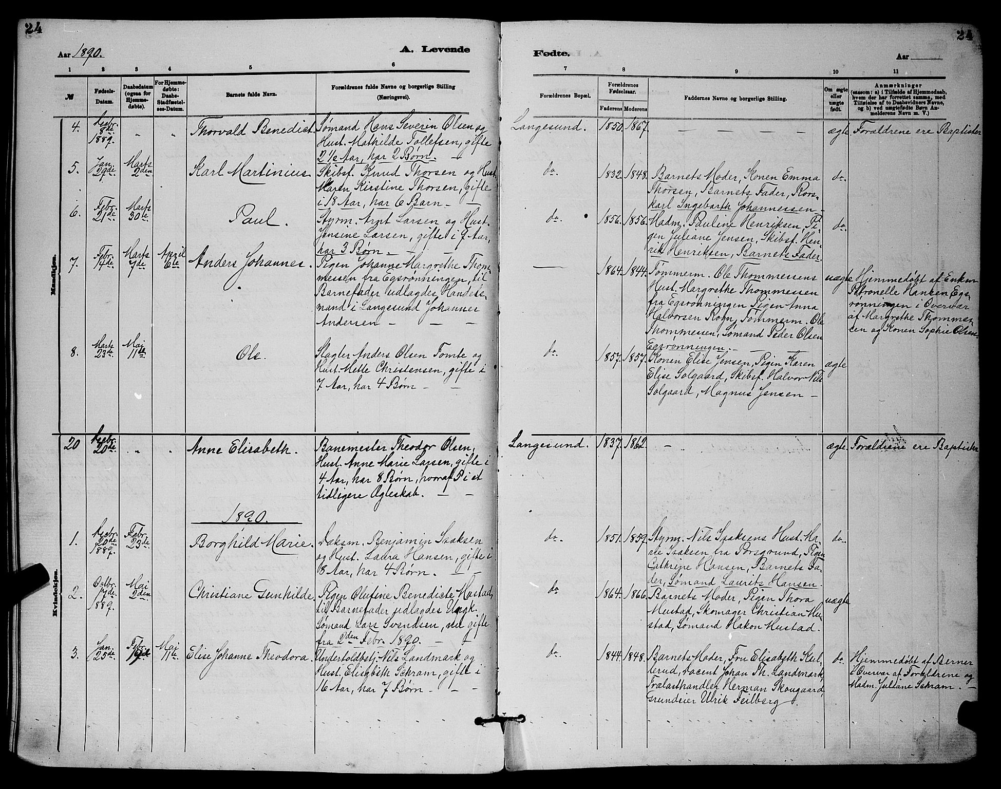Langesund kirkebøker, SAKO/A-280/G/Ga/L0005: Parish register (copy) no. 5, 1884-1898, p. 24