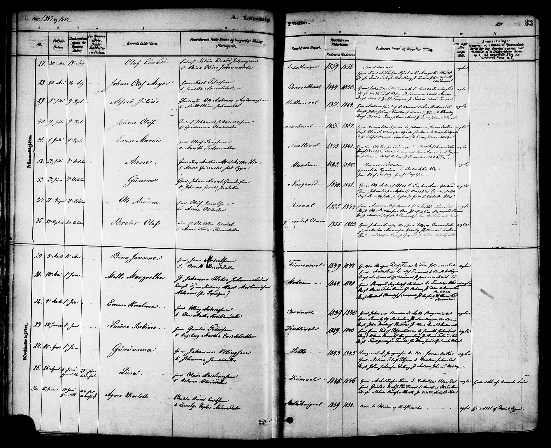 Ministerialprotokoller, klokkerbøker og fødselsregistre - Nord-Trøndelag, SAT/A-1458/717/L0159: Parish register (official) no. 717A09, 1878-1898, p. 33