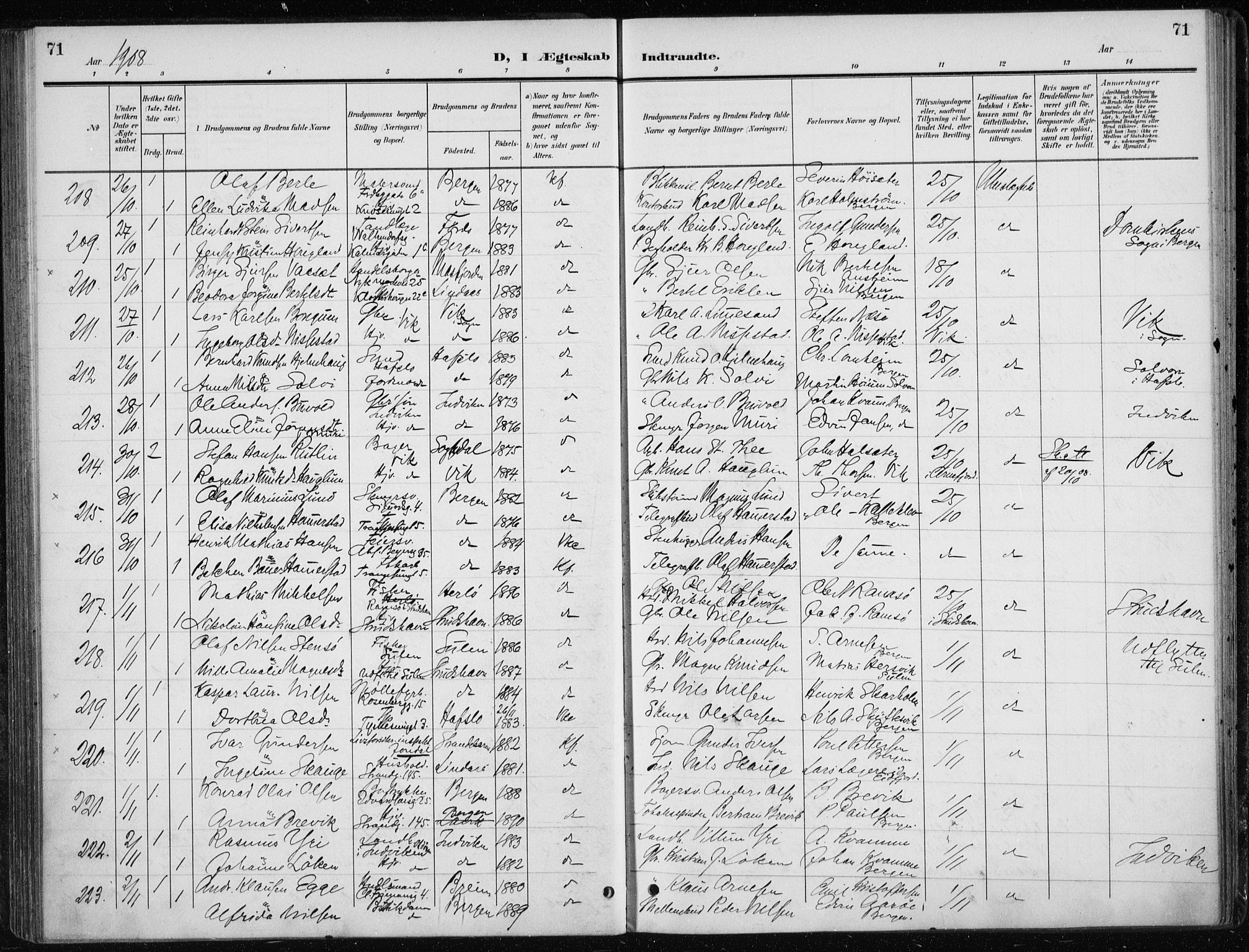 Nykirken Sokneprestembete, AV/SAB-A-77101/H/Haa/L0035: Parish register (official) no. D 5, 1905-1913, p. 71