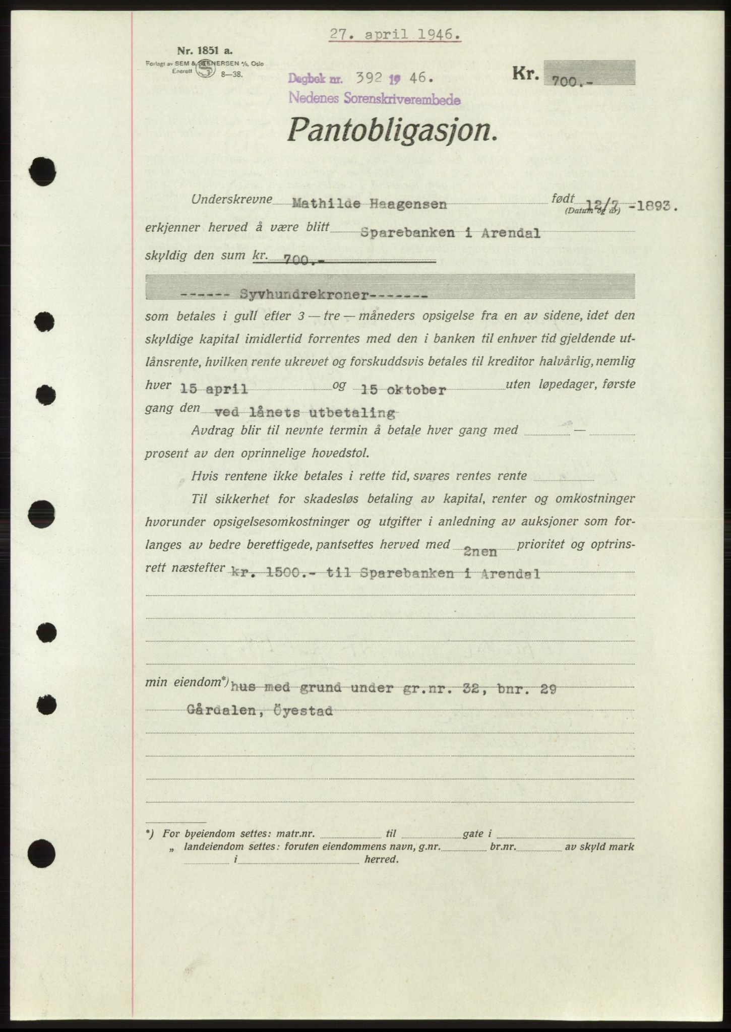 Nedenes sorenskriveri, SAK/1221-0006/G/Gb/Gbb/L0003: Mortgage book no. B3b, 1946-1946, Diary no: : 392/1946