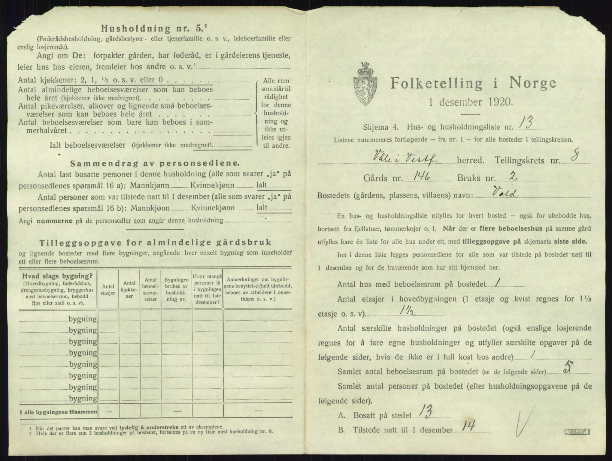 SAKO, 1920 census for Våle, 1920, p. 998