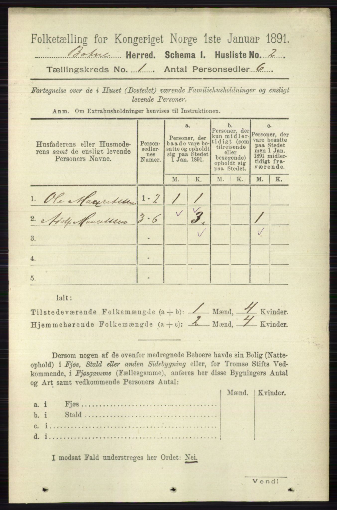 RA, 1891 census for 0715 Botne, 1891, p. 20