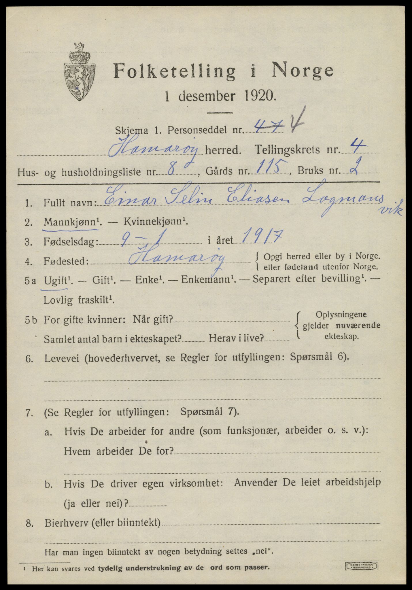SAT, 1920 census for Hamarøy, 1920, p. 2408