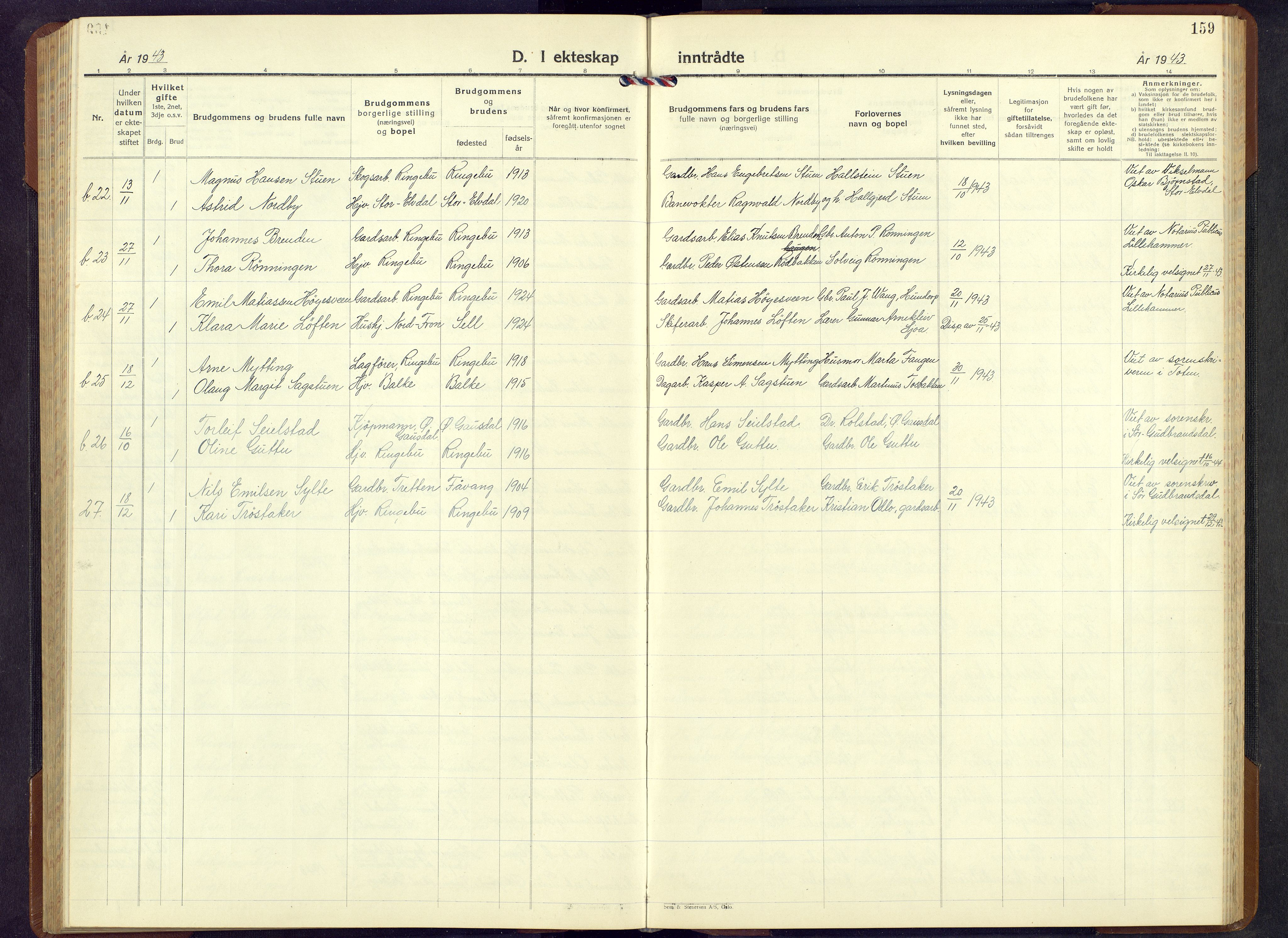 Ringebu prestekontor, AV/SAH-PREST-082/H/Ha/Hab/L0013: Parish register (copy) no. 13, 1943-1956, p. 159