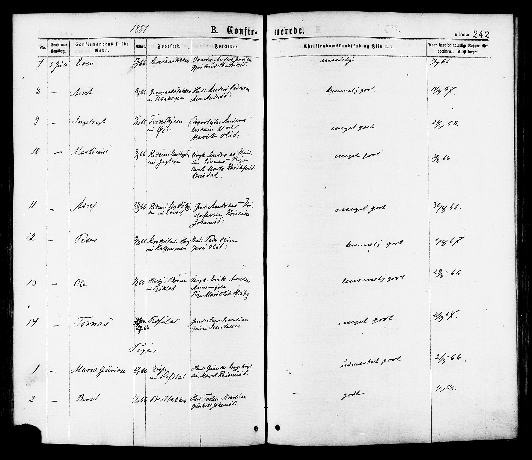 Ministerialprotokoller, klokkerbøker og fødselsregistre - Sør-Trøndelag, SAT/A-1456/691/L1079: Parish register (official) no. 691A11, 1873-1886, p. 242