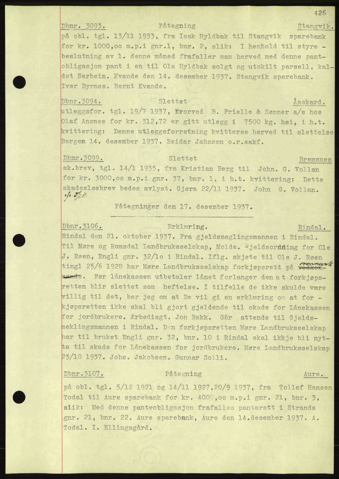 Nordmøre sorenskriveri, AV/SAT-A-4132/1/2/2Ca: Mortgage book no. C80, 1936-1939, Diary no: : 3093/1937