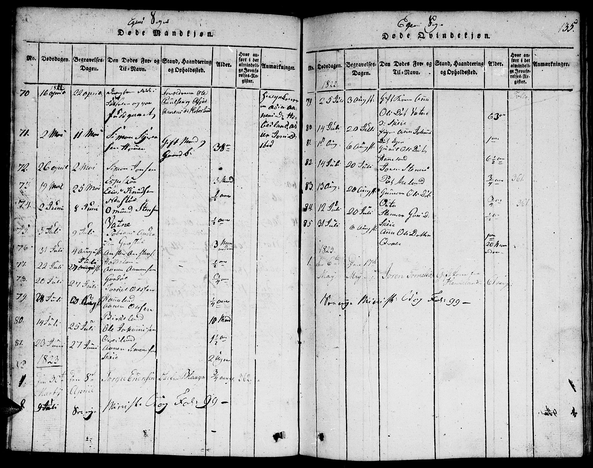 Hægebostad sokneprestkontor, SAK/1111-0024/F/Fa/Faa/L0002: Parish register (official) no. A 2 /2, 1816-1824, p. 135