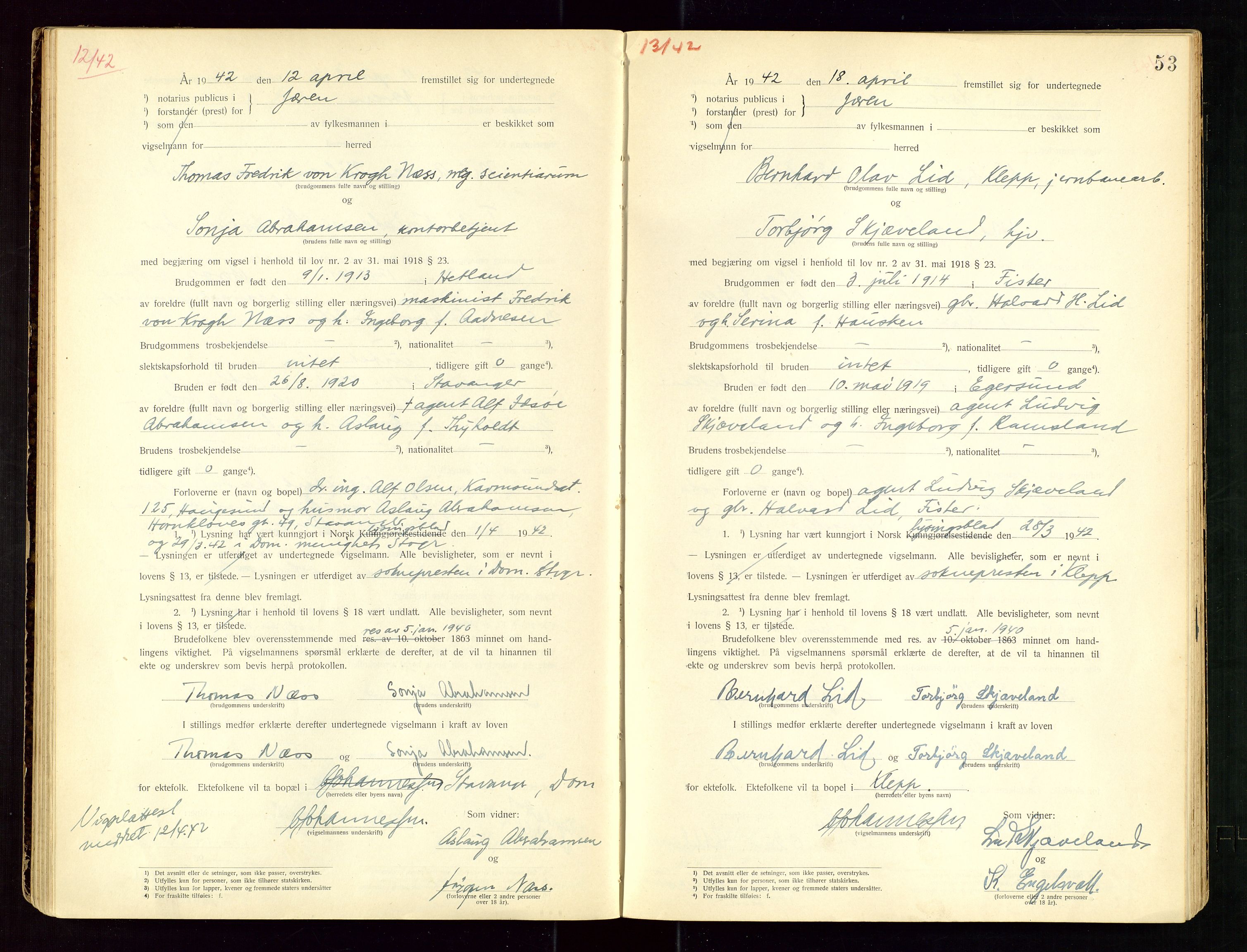 Jæren sorenskriveri, AV/SAST-A-100310/01/6/62/62BA/L0002: VIGSELSPROTOKOLL, 1937-1942, p. 53