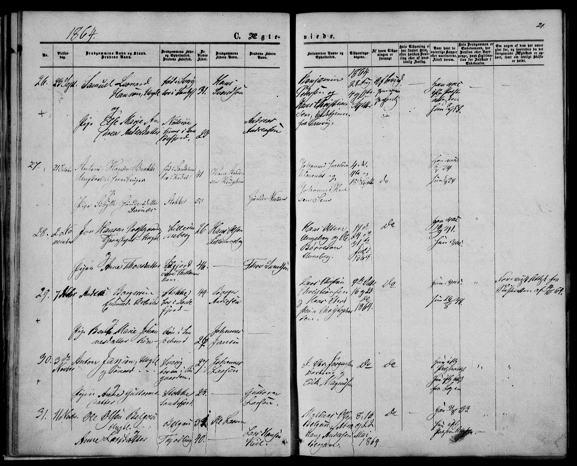 Sandar kirkebøker, AV/SAKO-A-243/F/Fa/L0009: Parish register (official) no. 9, 1862-1871, p. 21