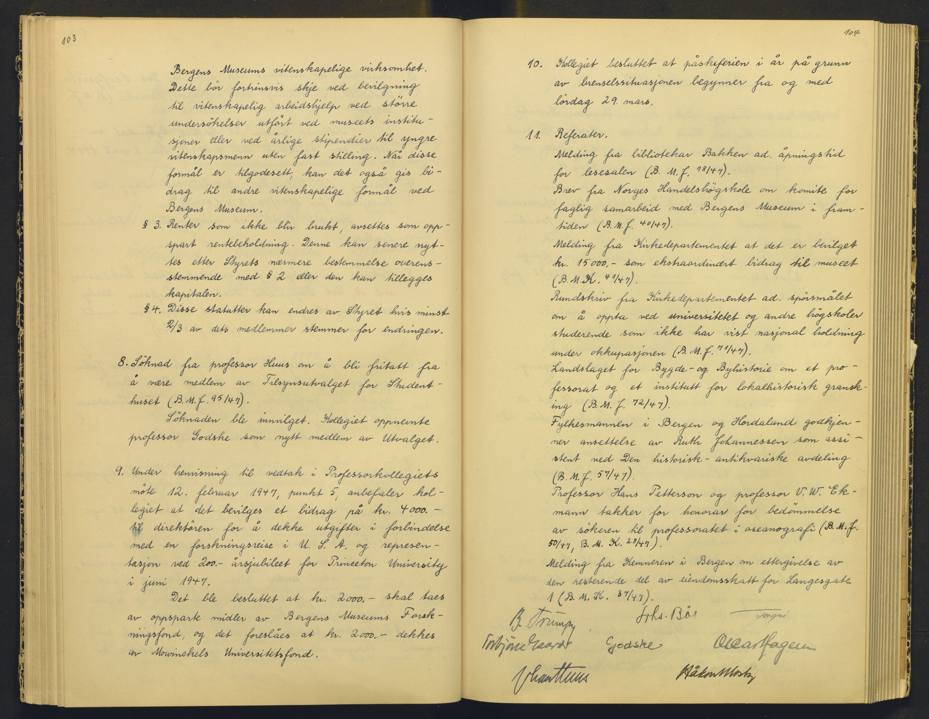 Bergens Museum, AV/SAB-A-17301/18/A/L0004: Professorkollegiets møtebok med register , 1945-1949, p. 103-104