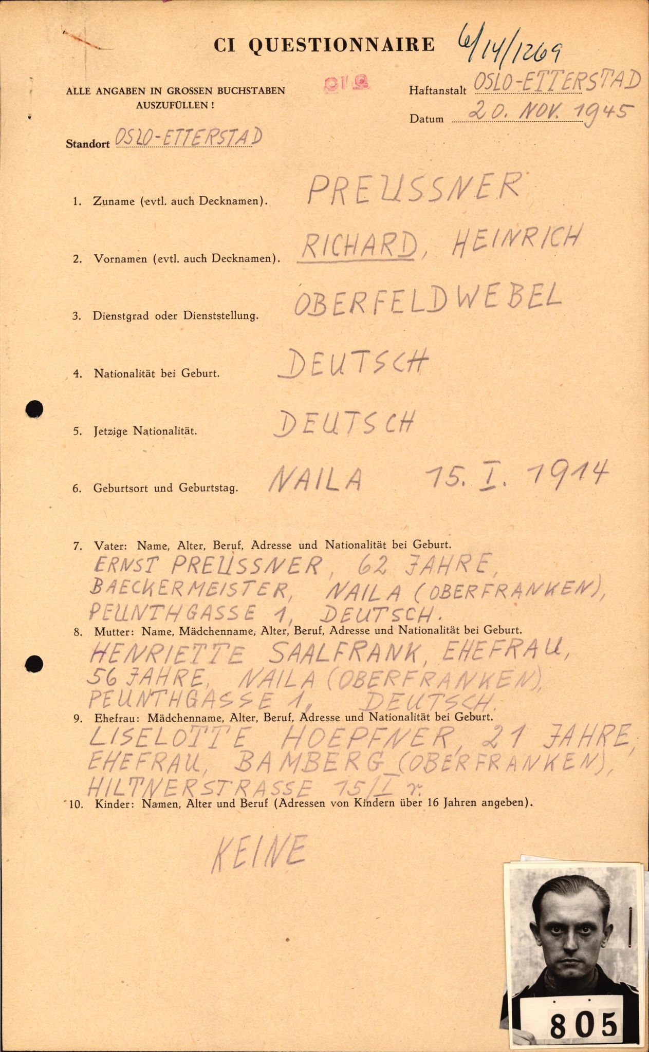 Forsvaret, Forsvarets overkommando II, AV/RA-RAFA-3915/D/Db/L0026: CI Questionaires. Tyske okkupasjonsstyrker i Norge. Tyskere., 1945-1946, p. 340