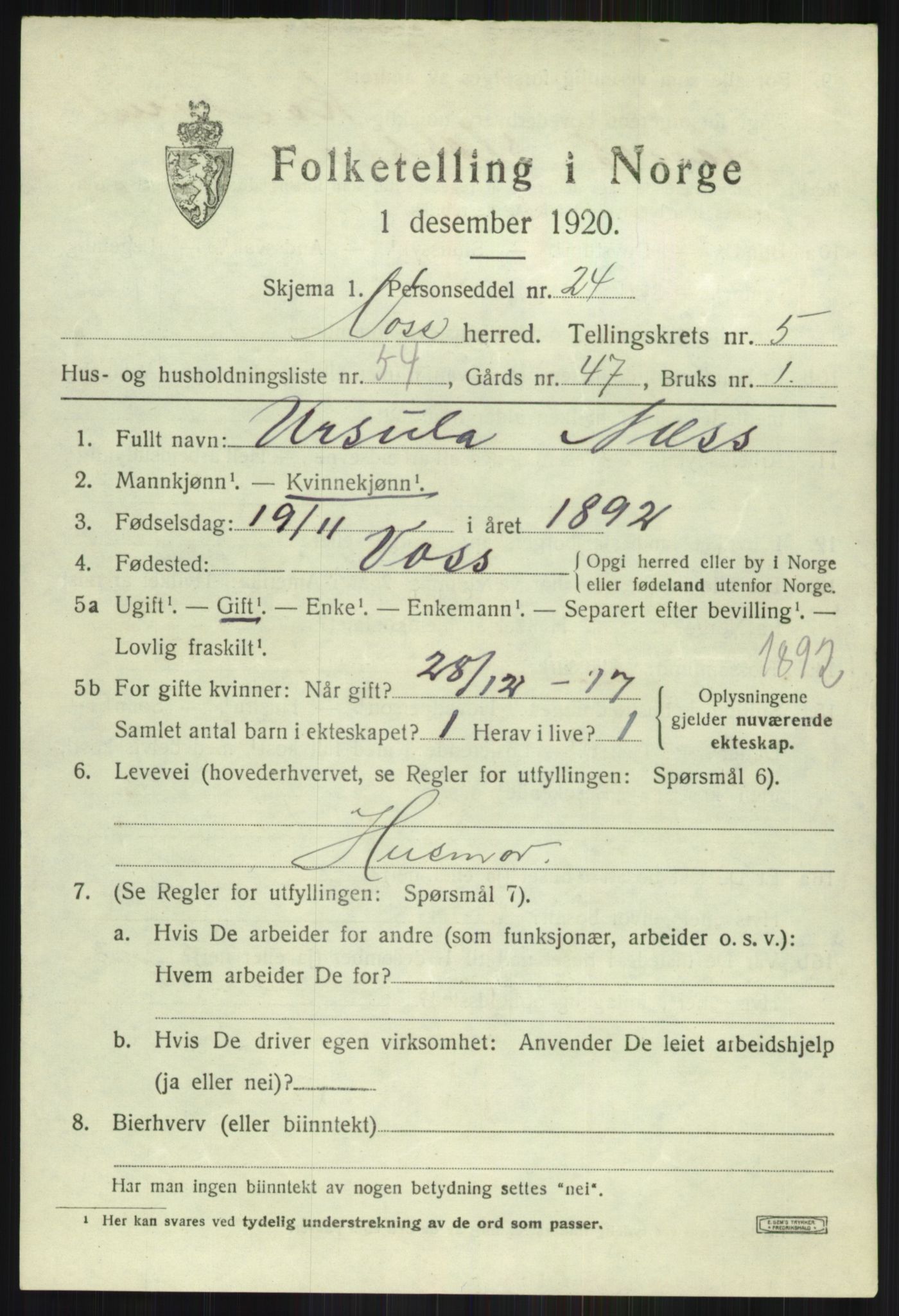 SAB, 1920 census for Voss, 1920, p. 5919