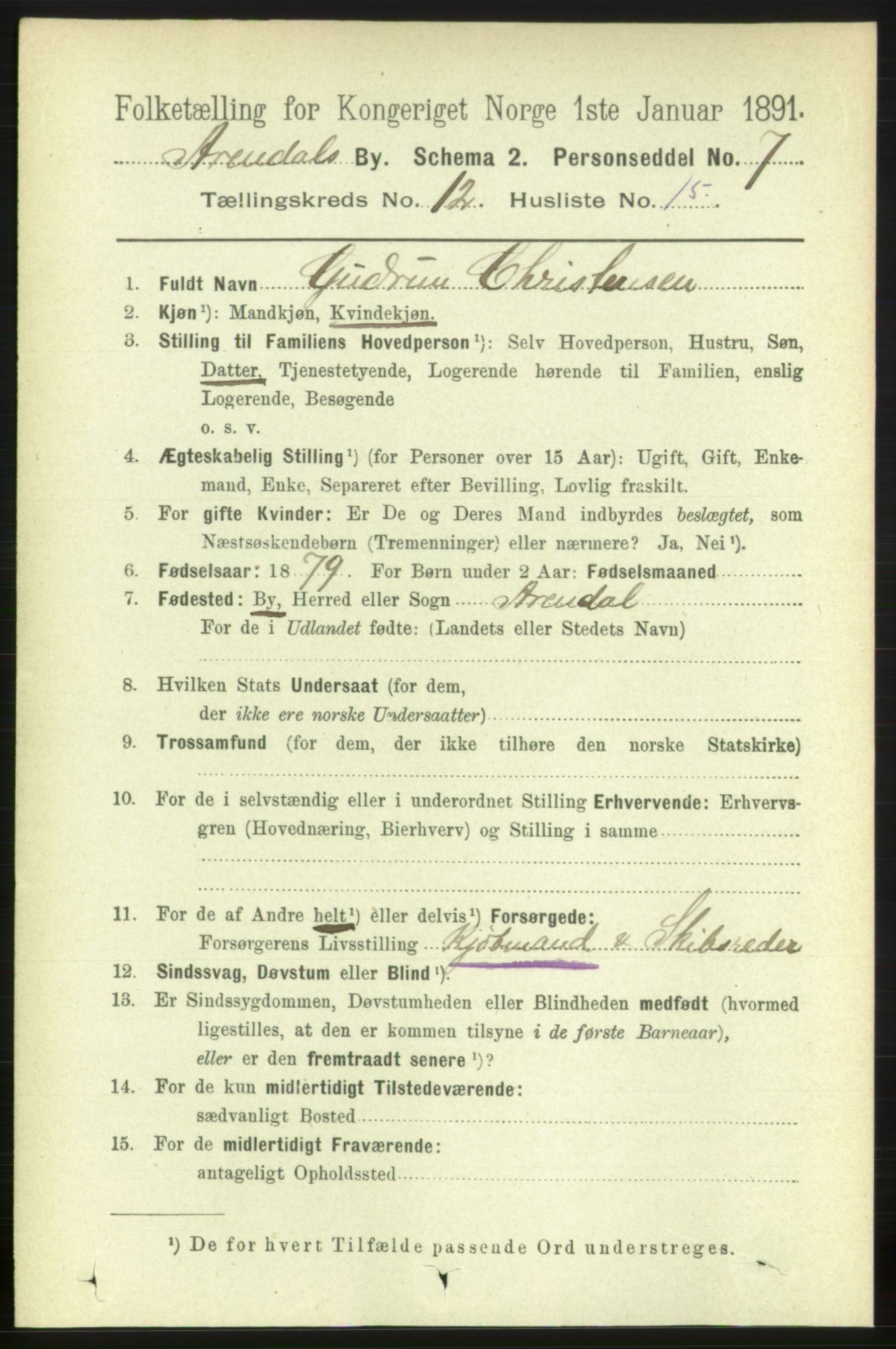 RA, 1891 census for 0903 Arendal, 1891, p. 4357