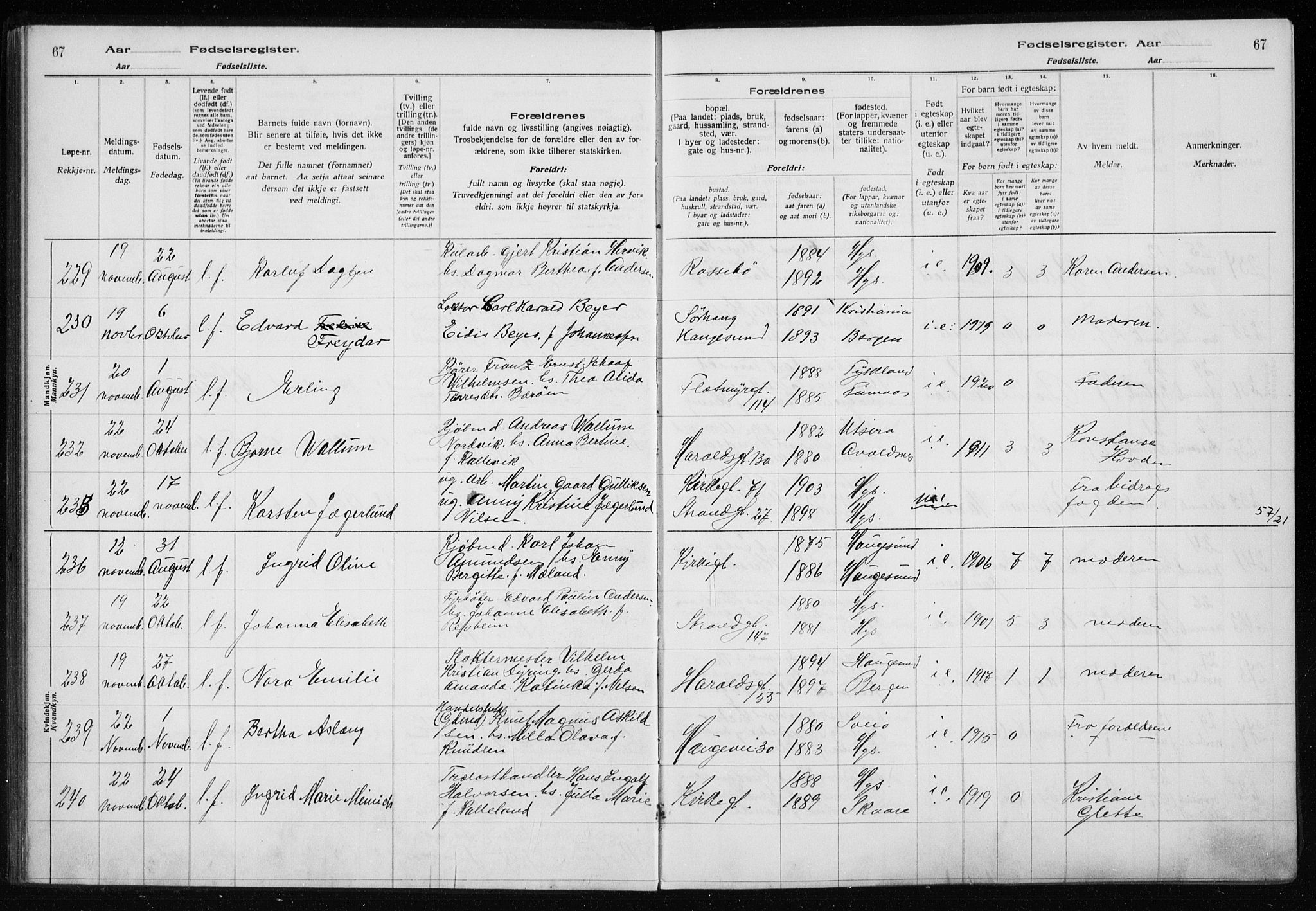 Haugesund sokneprestkontor, SAST/A -101863/I/Id/L0004: Birth register no. 2, 1919-1923, p. 67