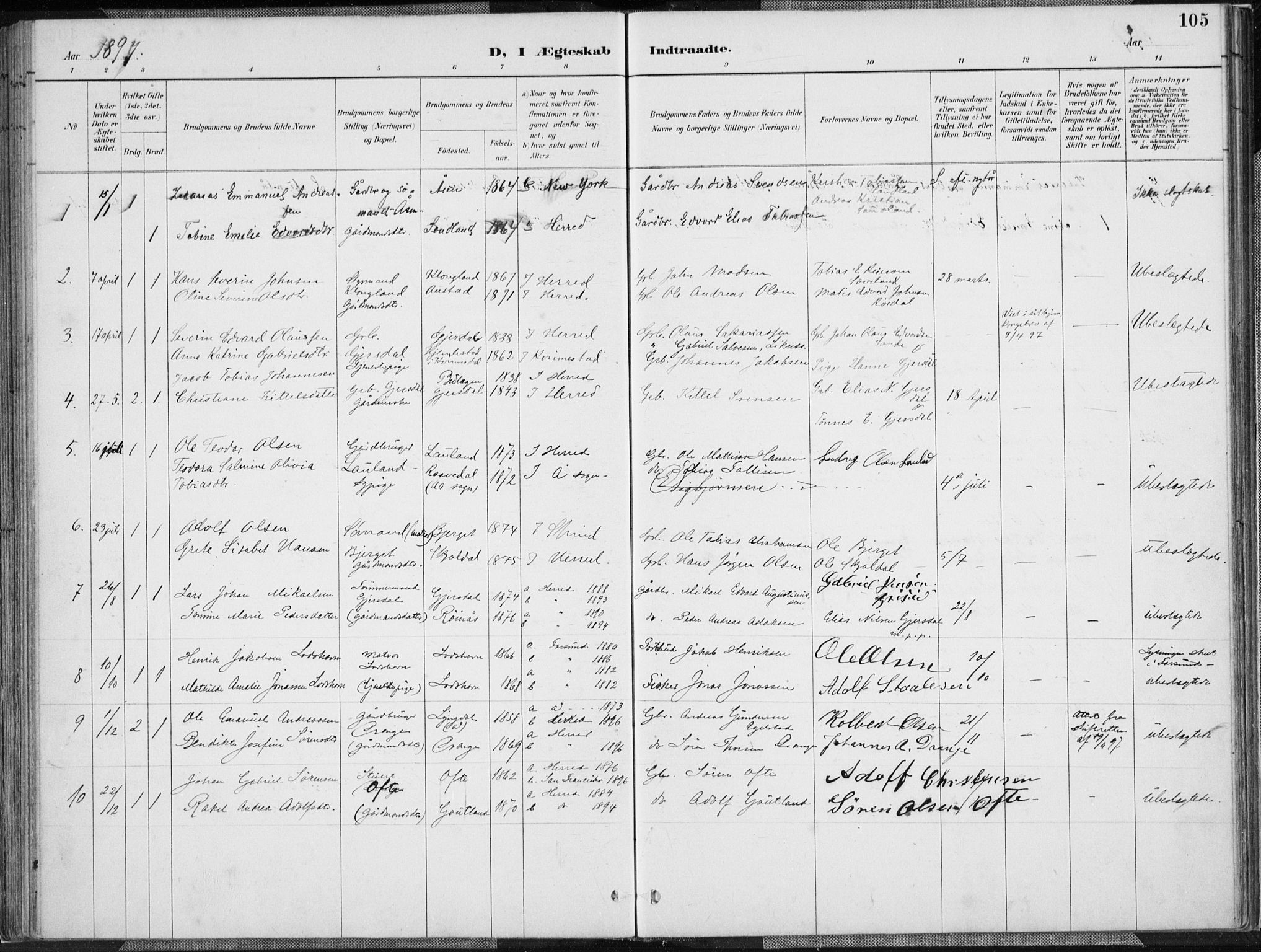 Herad sokneprestkontor, AV/SAK-1111-0018/F/Fa/Faa/L0006: Parish register (official) no. A 6, 1887-1907, p. 105