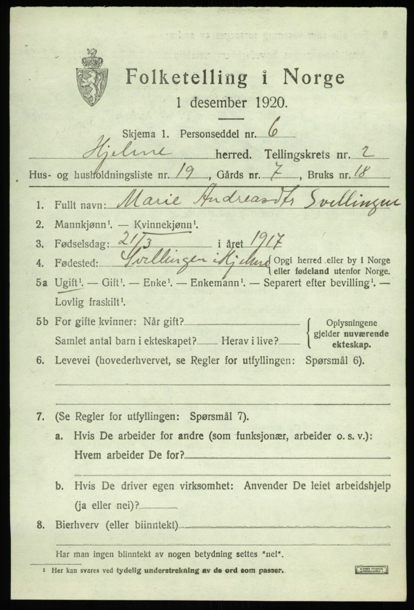 SAB, 1920 census for Hjelme, 1920, p. 1314