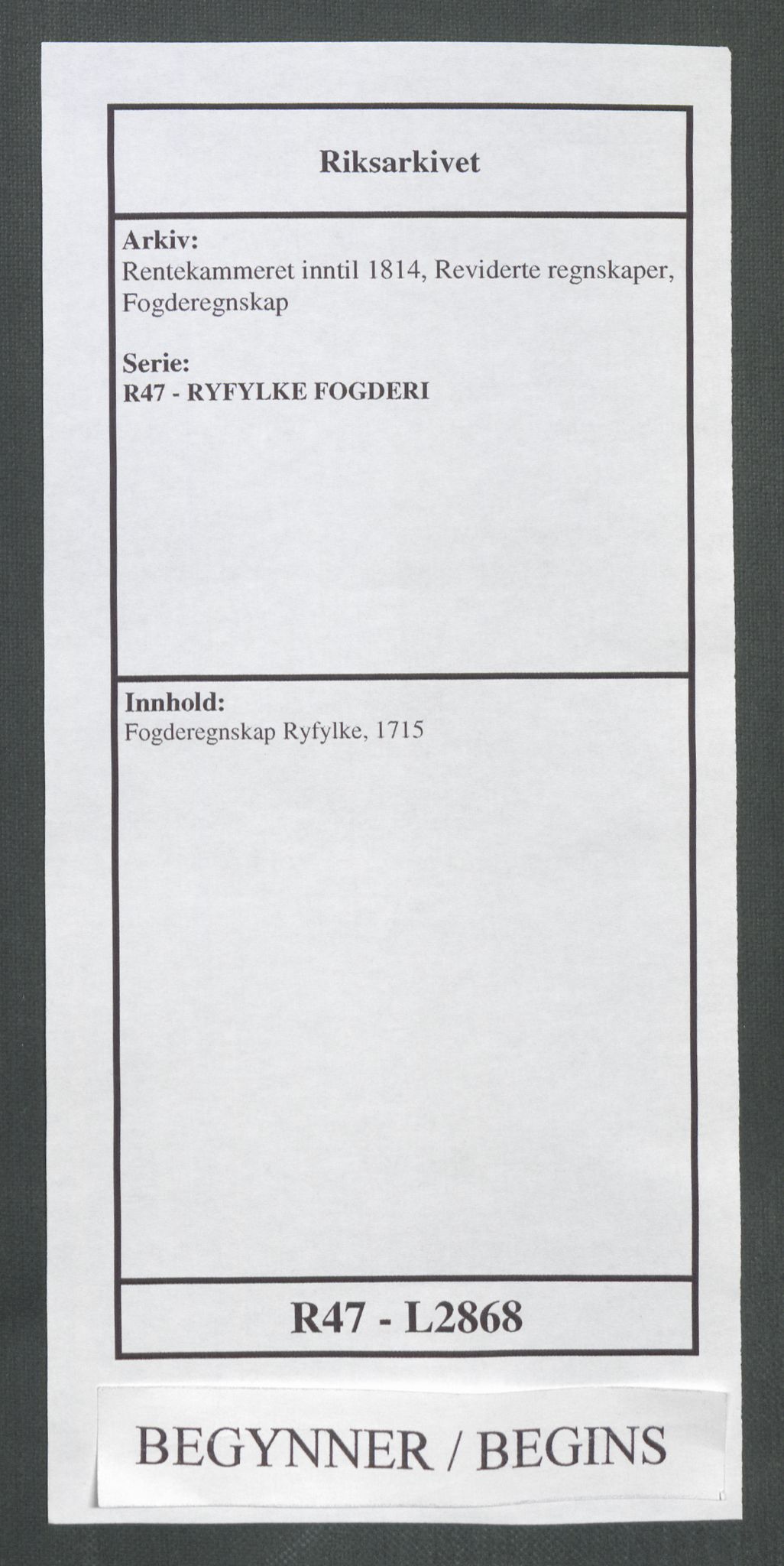 Rentekammeret inntil 1814, Reviderte regnskaper, Fogderegnskap, RA/EA-4092/R47/L2868: Fogderegnskap Ryfylke, 1715, p. 1