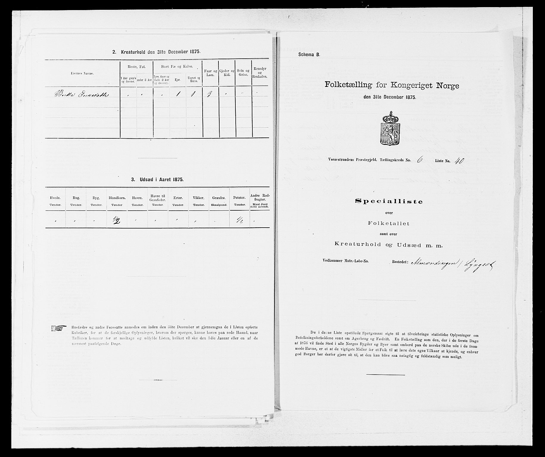 SAB, 1875 census for 1236P Vossestrand, 1875, p. 543