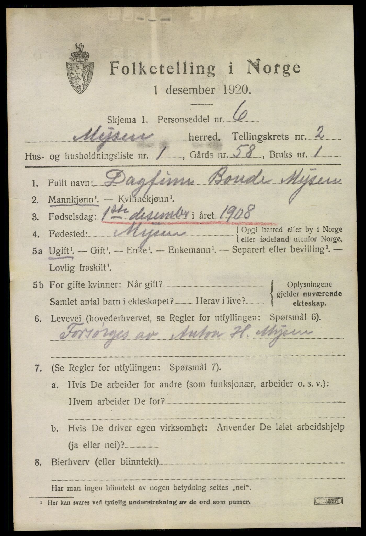 SAO, 1920 census for Mysen, 1920, p. 941