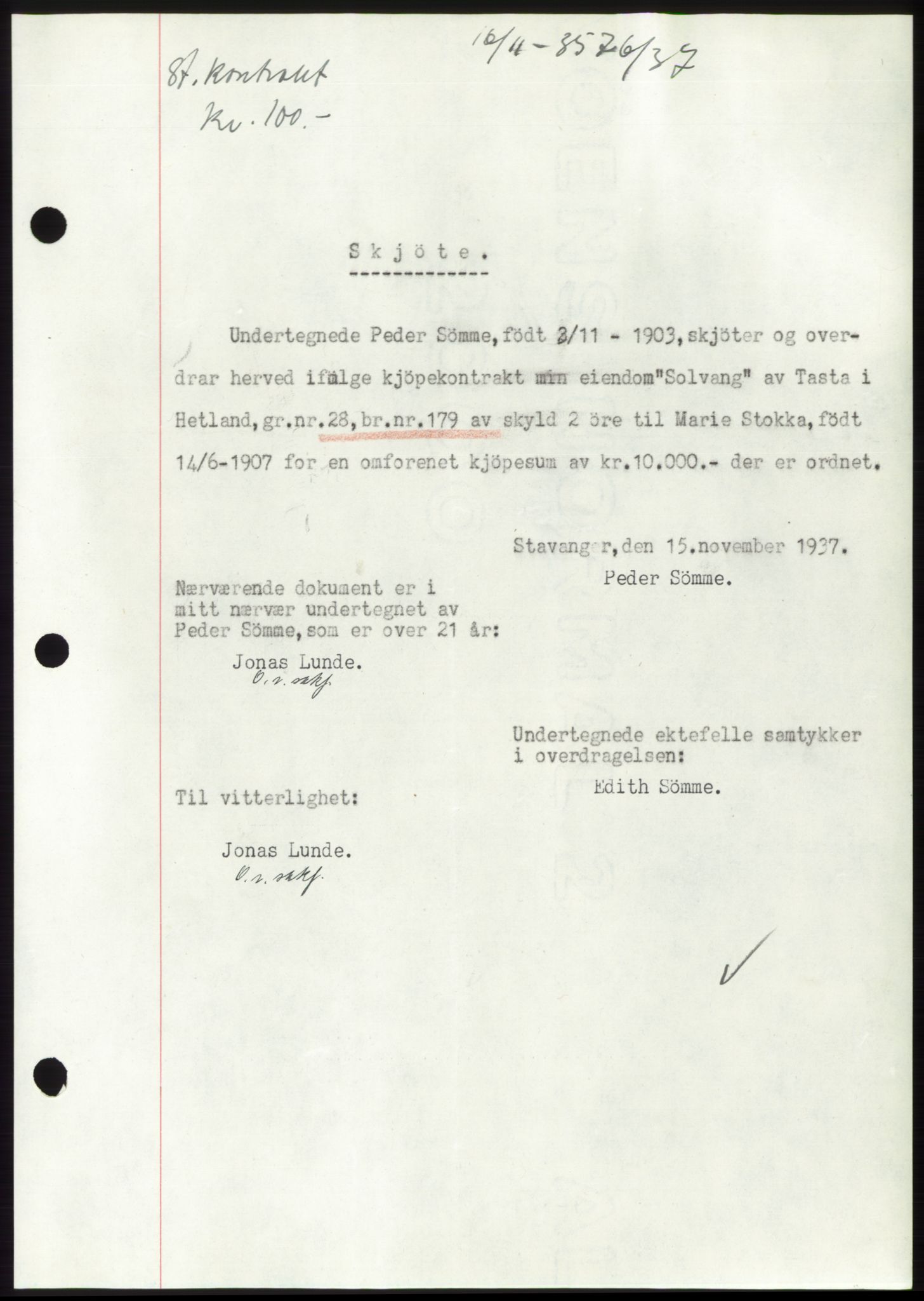 Jæren sorenskriveri, SAST/A-100310/03/G/Gba/L0069: Mortgage book, 1937-1937, Diary no: : 3576/1937