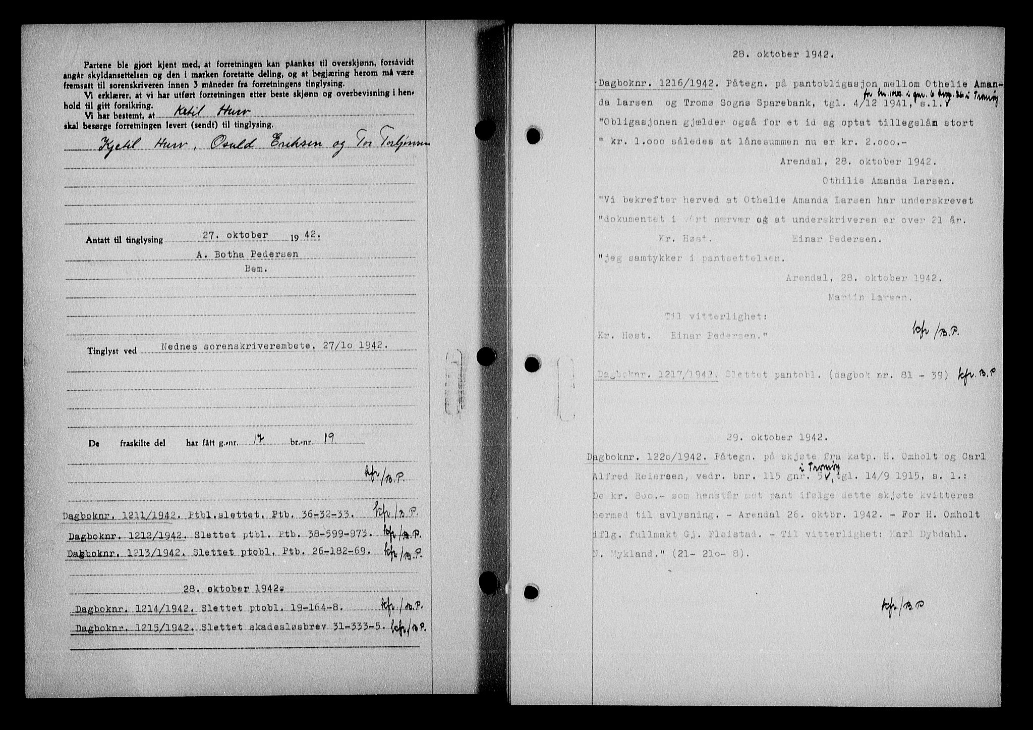 Nedenes sorenskriveri, AV/SAK-1221-0006/G/Gb/Gba/L0050: Mortgage book no. A-IV, 1942-1943, Diary no: : 1211/1942