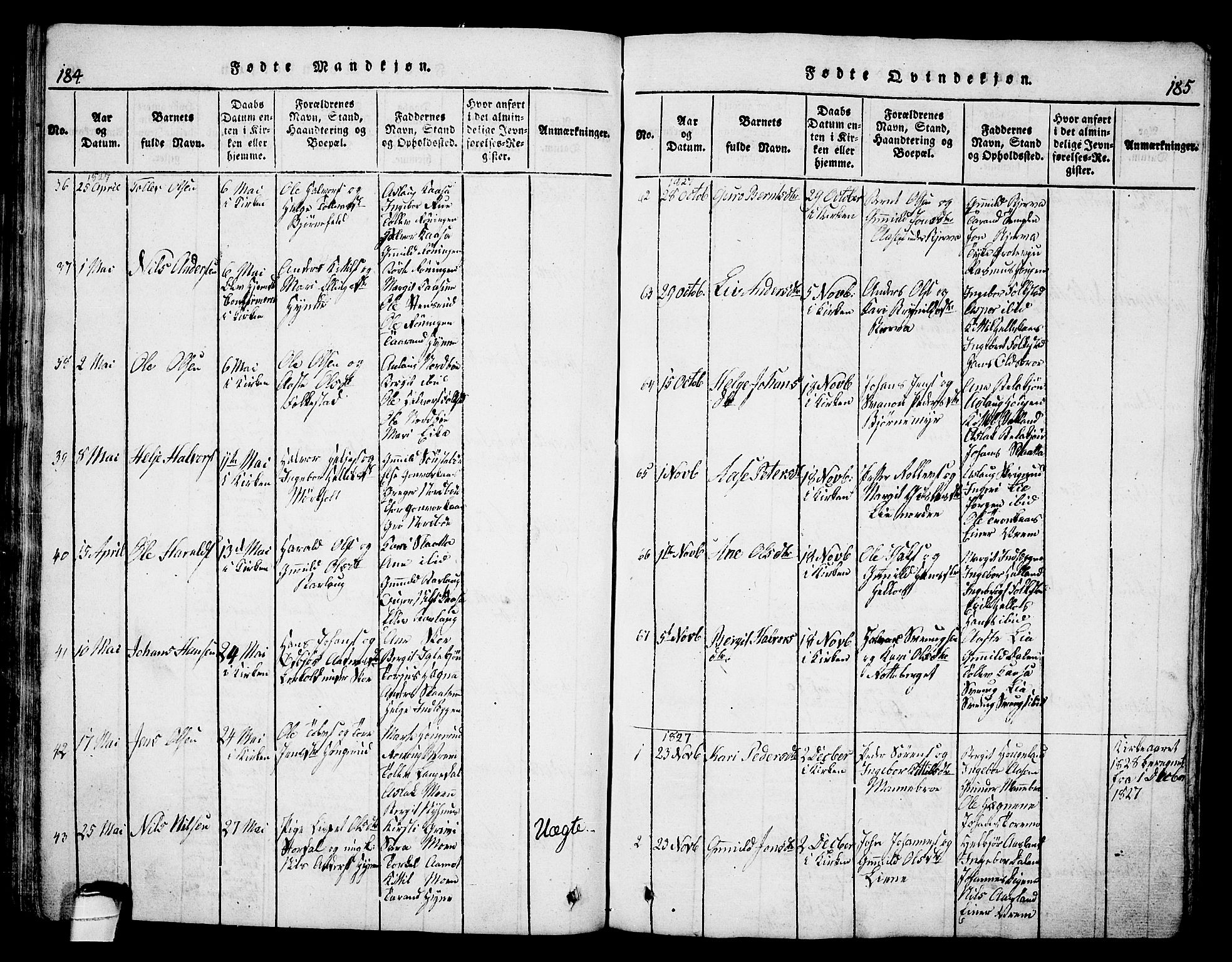 Bø kirkebøker, SAKO/A-257/G/Ga/L0001: Parish register (copy) no. 1, 1815-1831, p. 184-185