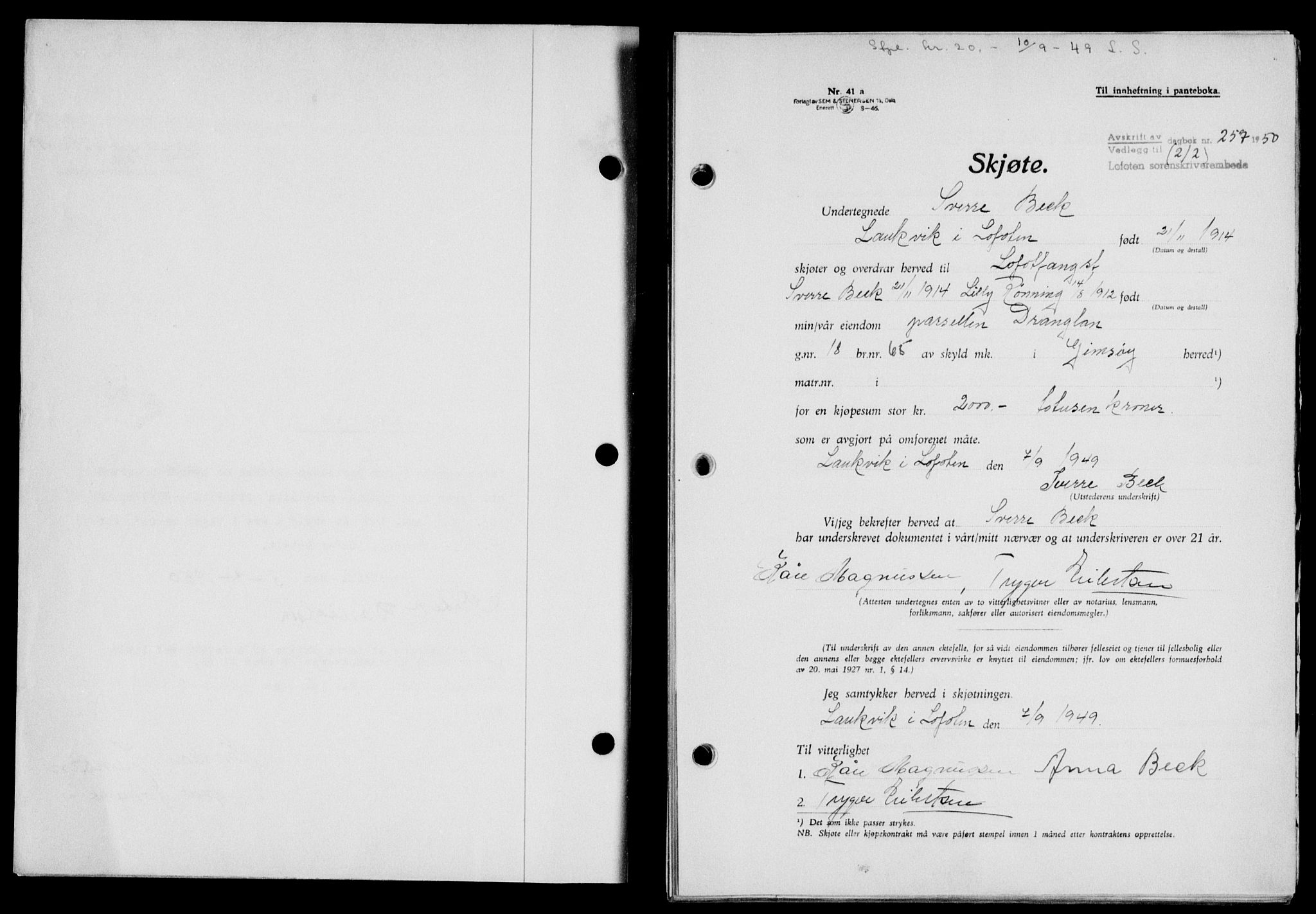 Lofoten sorenskriveri, SAT/A-0017/1/2/2C/L0023a: Mortgage book no. 23a, 1950-1950, Diary no: : 257/1950