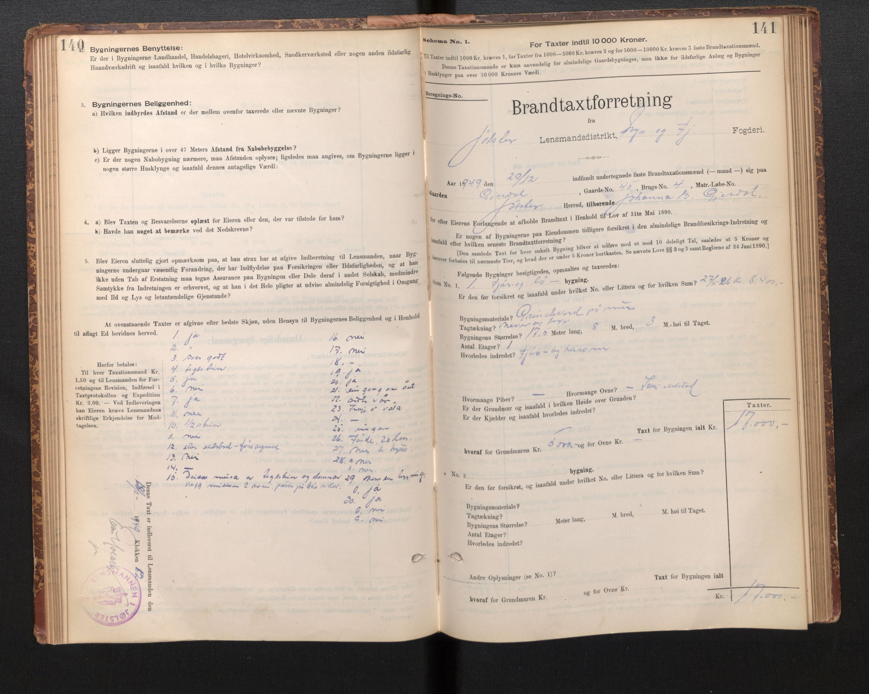 Lensmannen i Jølster, SAB/A-28701/0012/L0004: Branntakstprotokoll, skjematakst, 1895-1923, p. 140-141