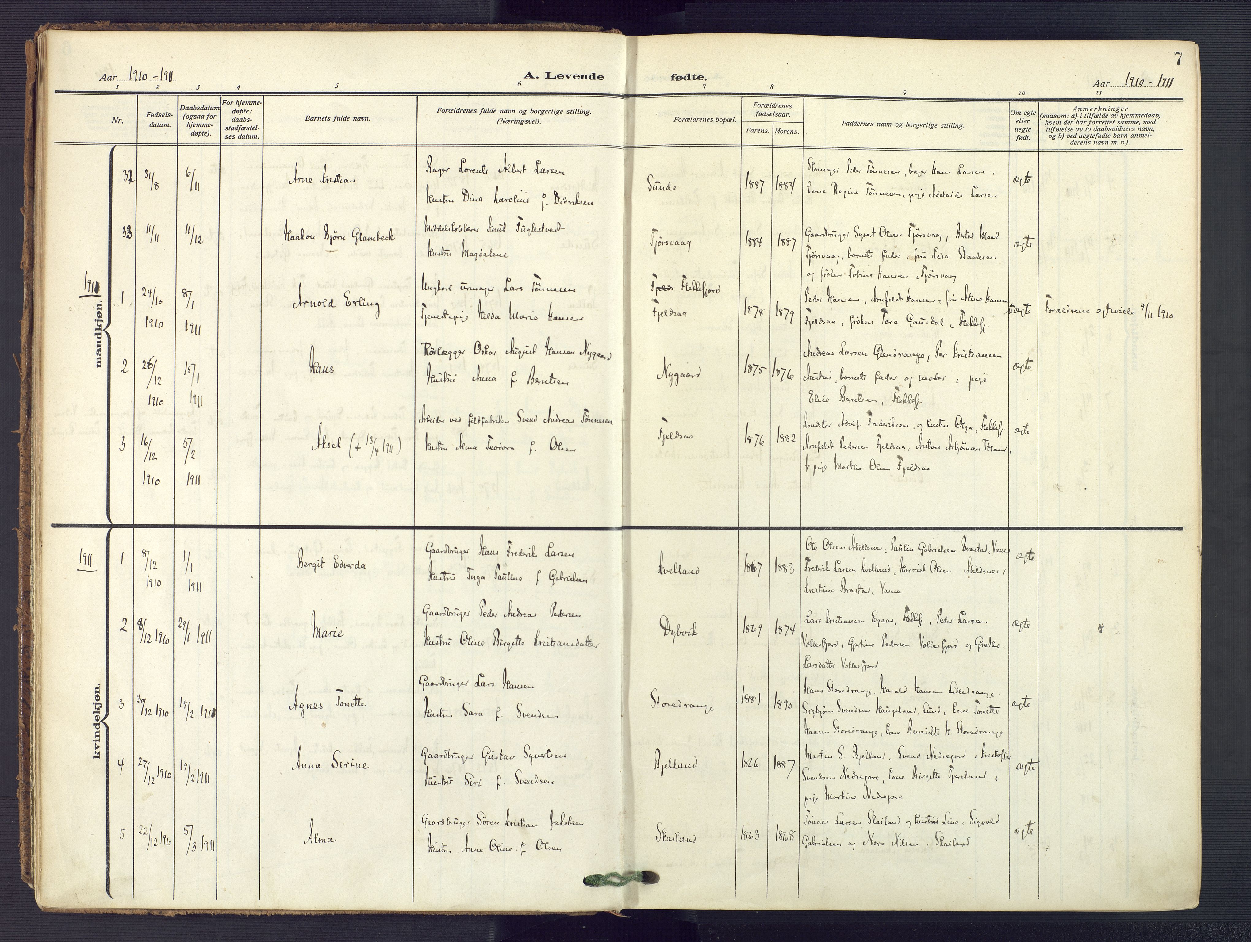 Flekkefjord sokneprestkontor, AV/SAK-1111-0012/F/Fa/Fac/L0010: Parish register (official) no. A 10, 1910-1927, p. 7