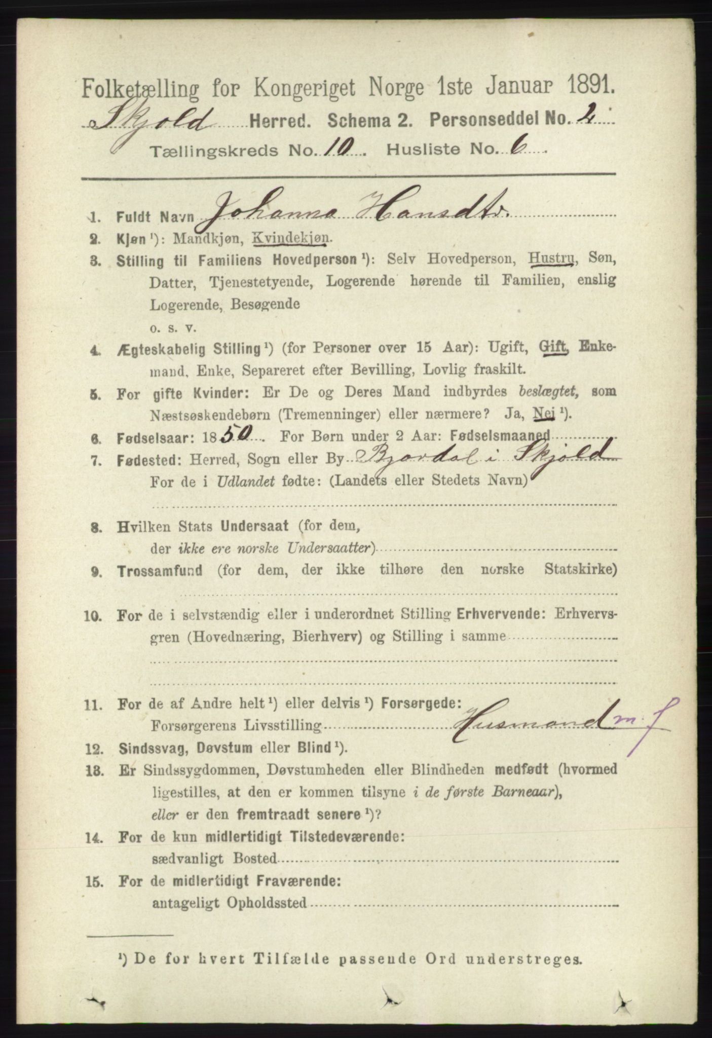 RA, 1891 census for 1154 Skjold, 1891, p. 2029