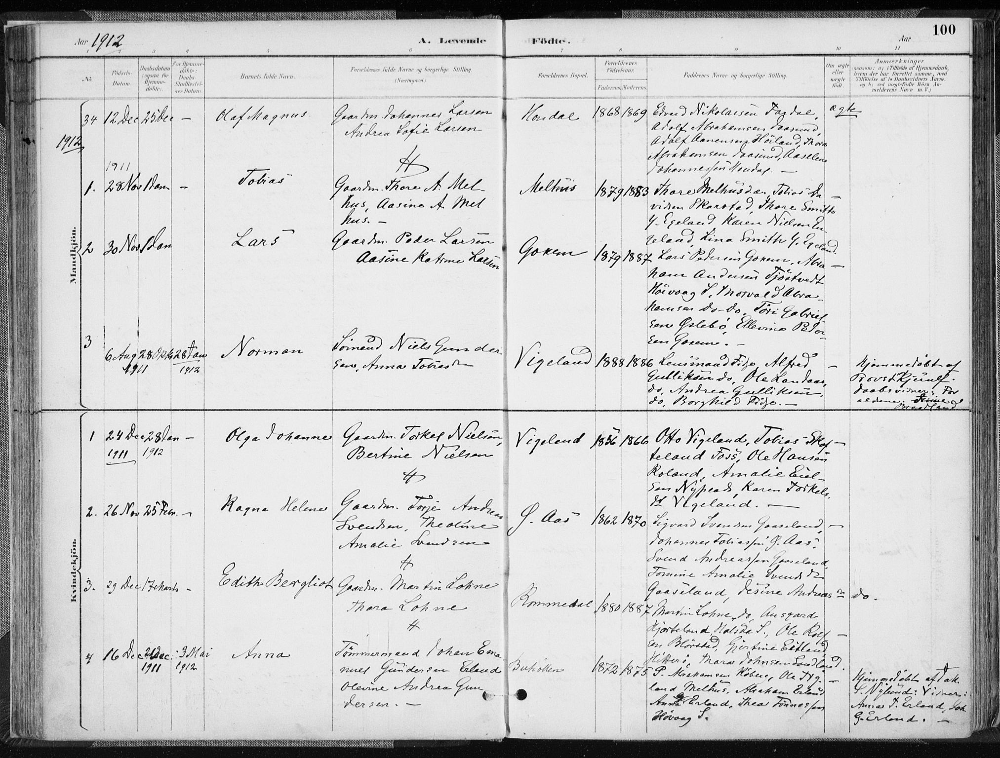 Sør-Audnedal sokneprestkontor, AV/SAK-1111-0039/F/Fa/Fab/L0010: Parish register (official) no. A 10, 1892-1913, p. 100