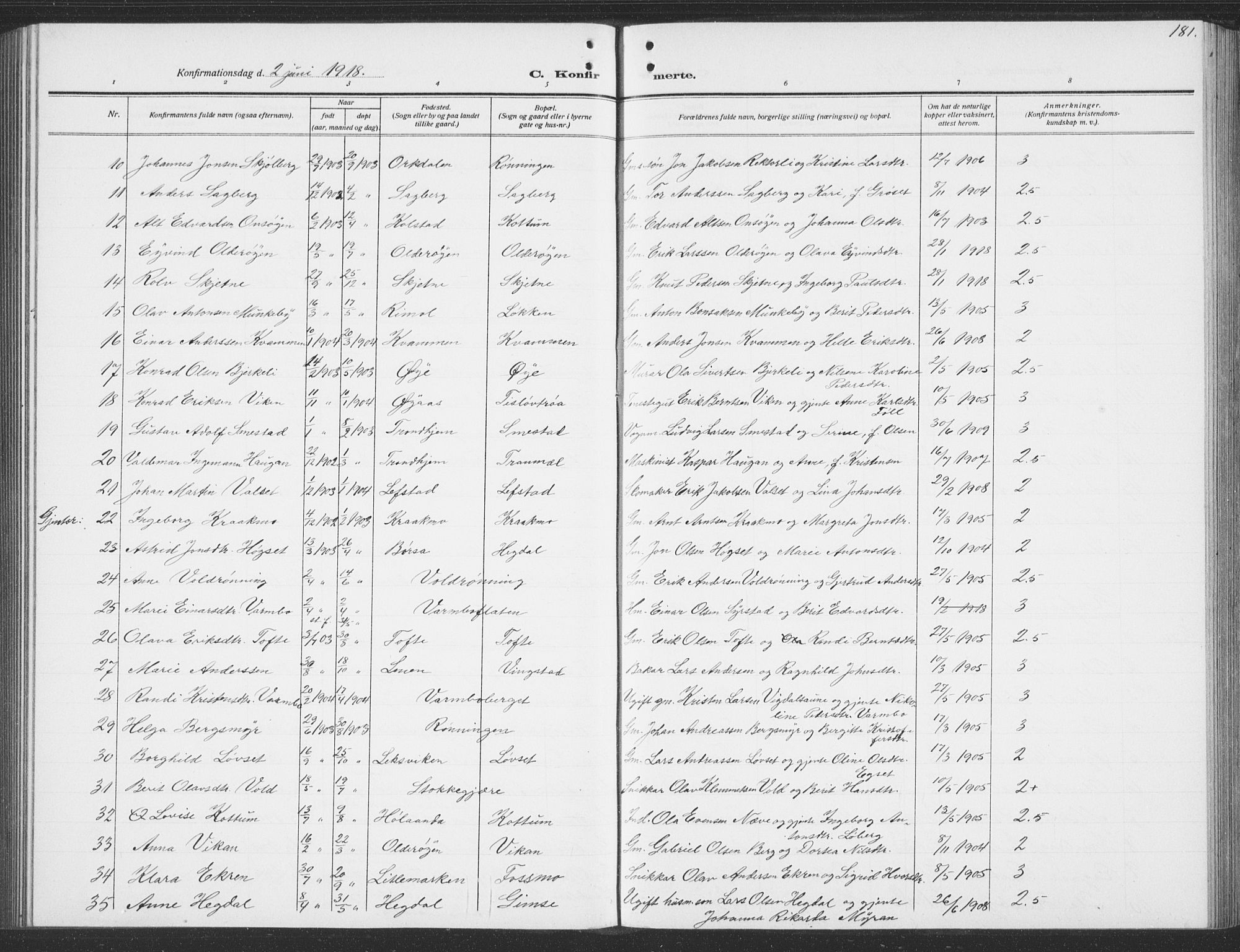 Ministerialprotokoller, klokkerbøker og fødselsregistre - Sør-Trøndelag, AV/SAT-A-1456/691/L1095: Parish register (copy) no. 691C06, 1912-1933, p. 181