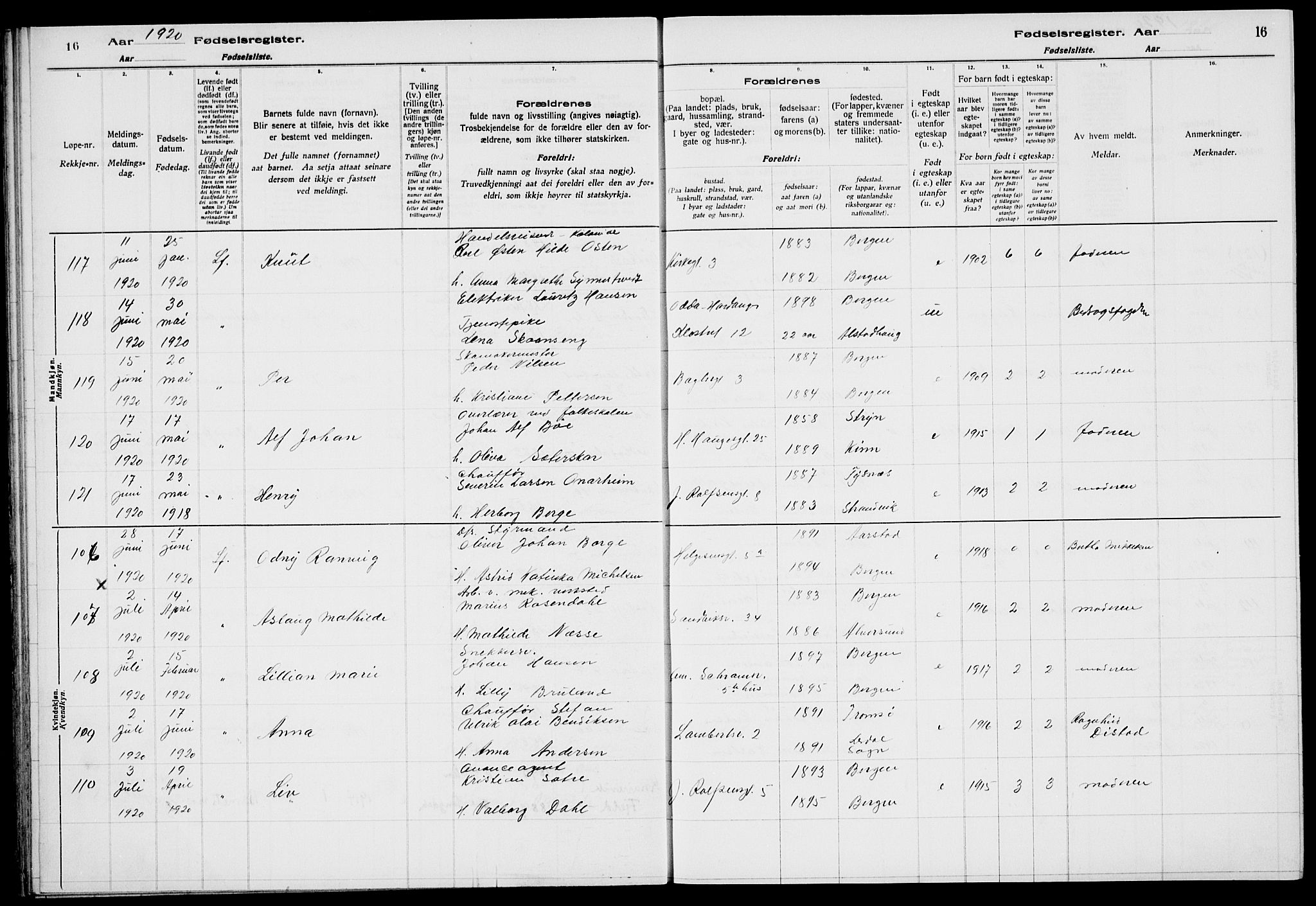 Sandviken Sokneprestembete, AV/SAB-A-77601/I/Ib/L00A2: Birth register no. A 2, 1920-1923, p. 16