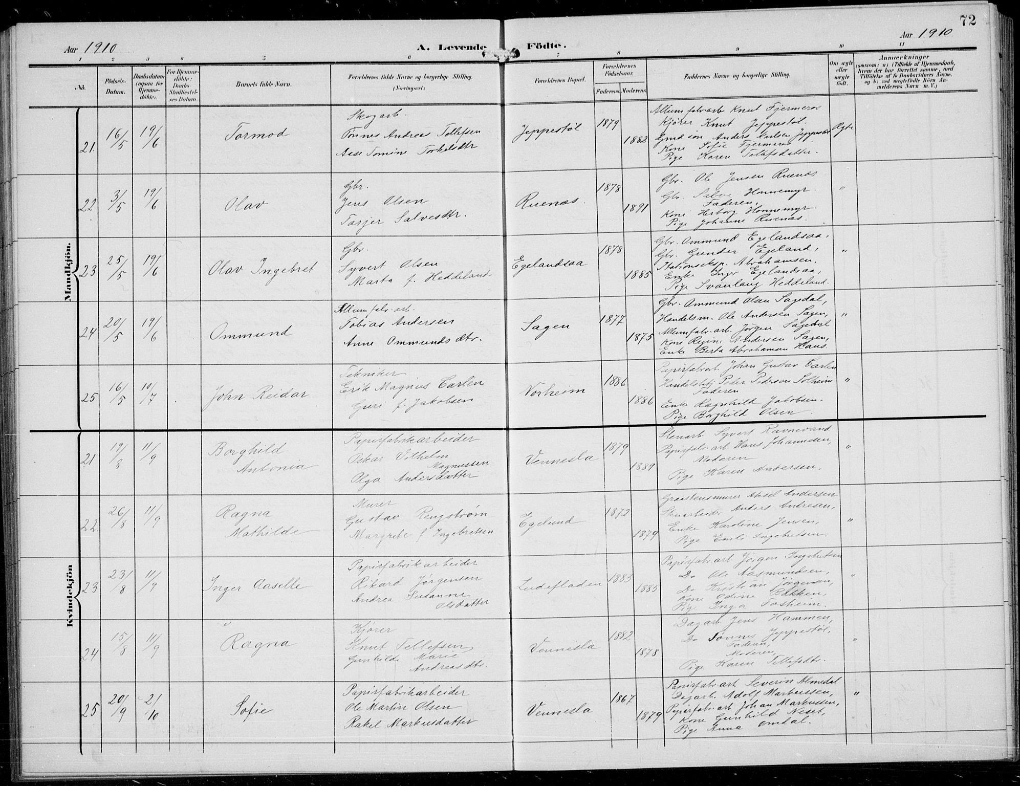 Vennesla sokneprestkontor, AV/SAK-1111-0045/Fb/Fbb/L0005: Parish register (copy) no. B 5, 1903-1913, p. 72