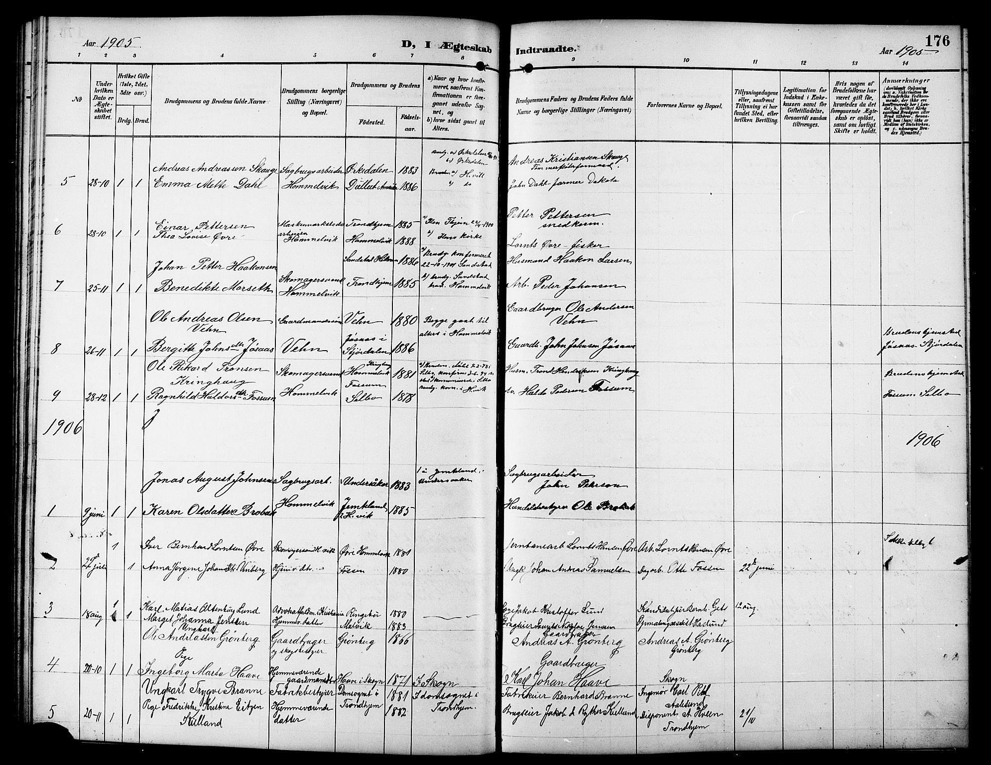 Ministerialprotokoller, klokkerbøker og fødselsregistre - Sør-Trøndelag, AV/SAT-A-1456/617/L0431: Parish register (copy) no. 617C01, 1889-1910, p. 176