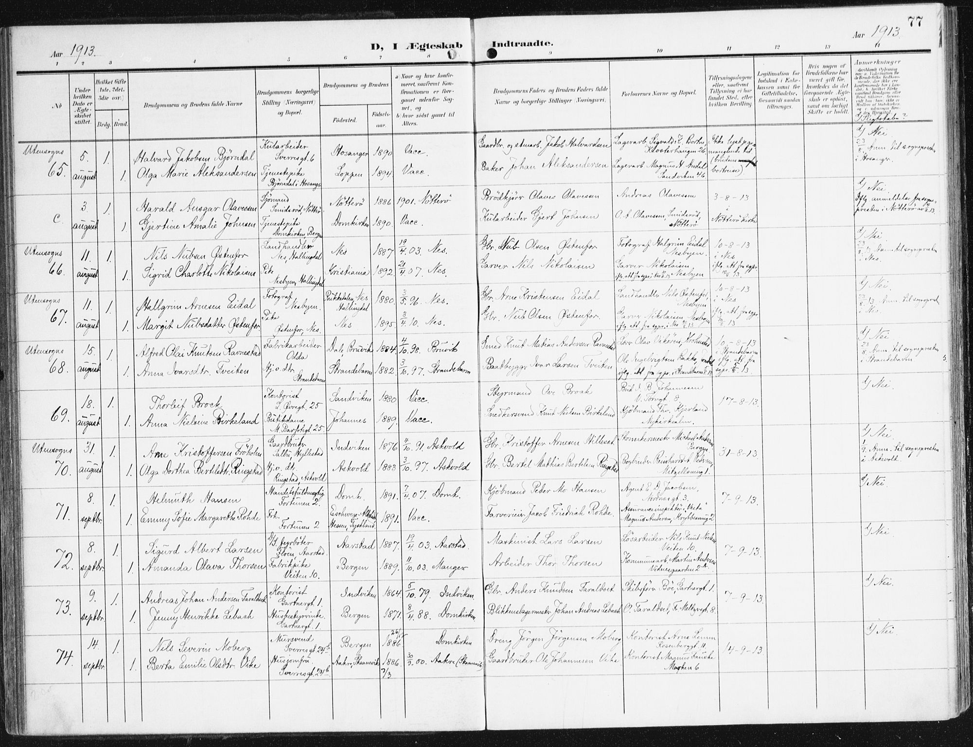 Domkirken sokneprestembete, AV/SAB-A-74801/H/Haa/L0038: Parish register (official) no. D 5, 1906-1921, p. 77