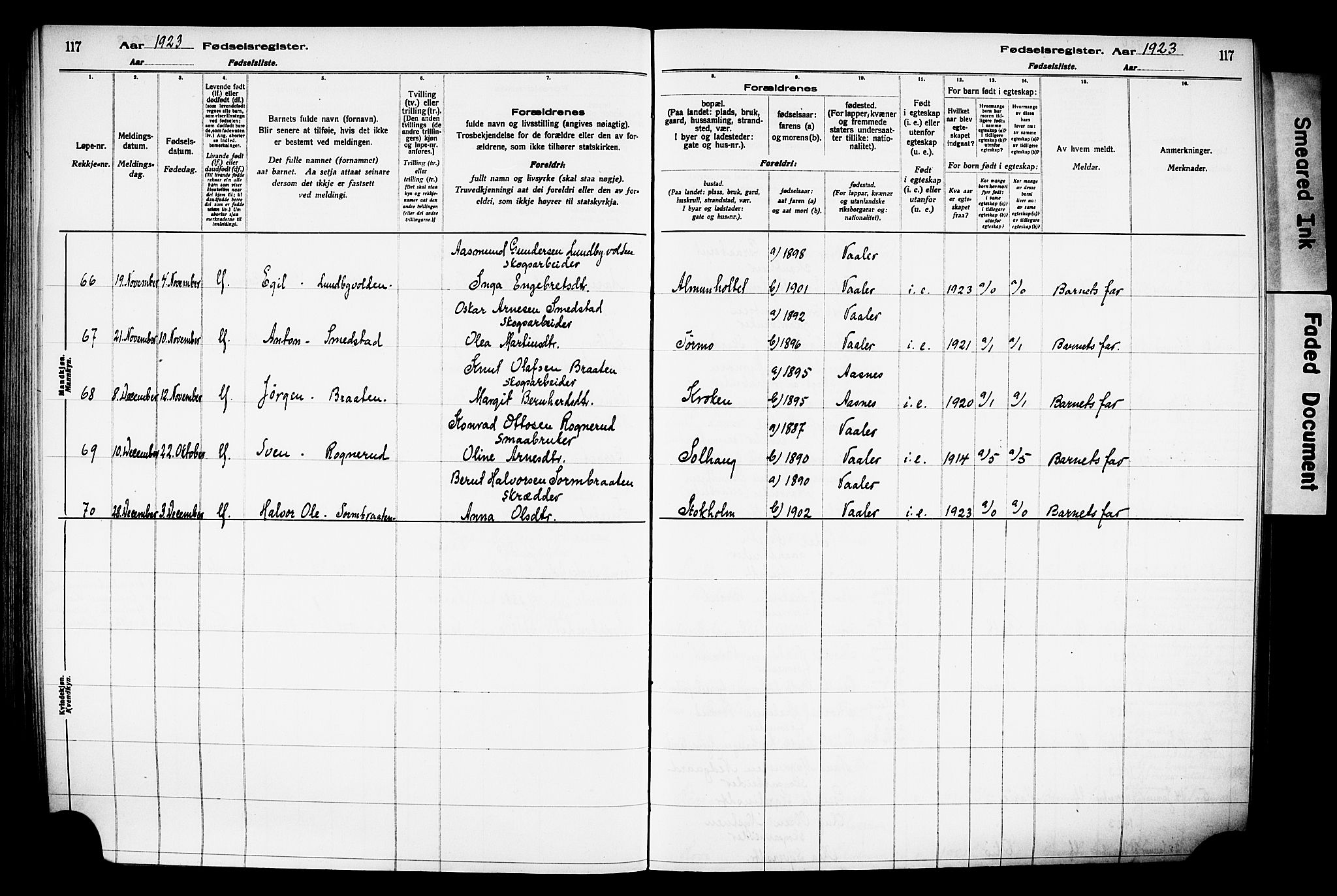 Våler prestekontor, Hedmark, AV/SAH-PREST-040/I/Id/L0001: Birth register no. 1, 1916-1930, p. 117