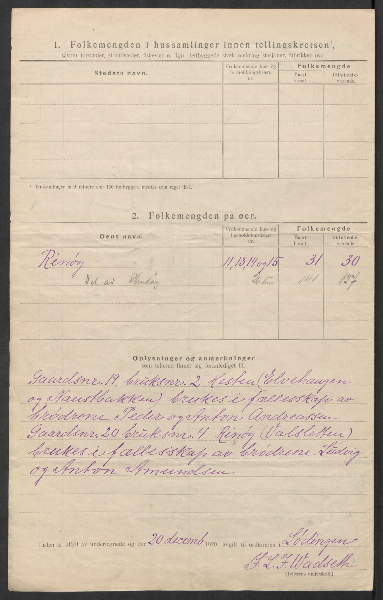 SAT, 1920 census for Lødingen, 1920, p. 20