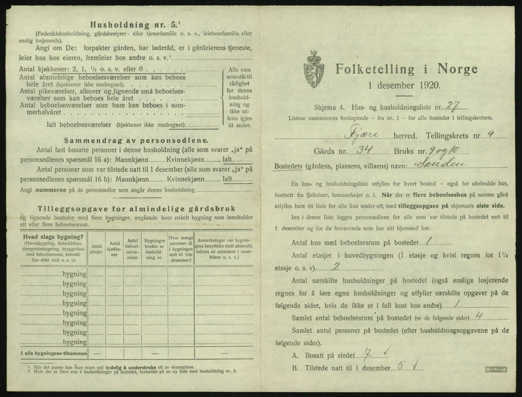 SAK, 1920 census for Fjære, 1920, p. 1895