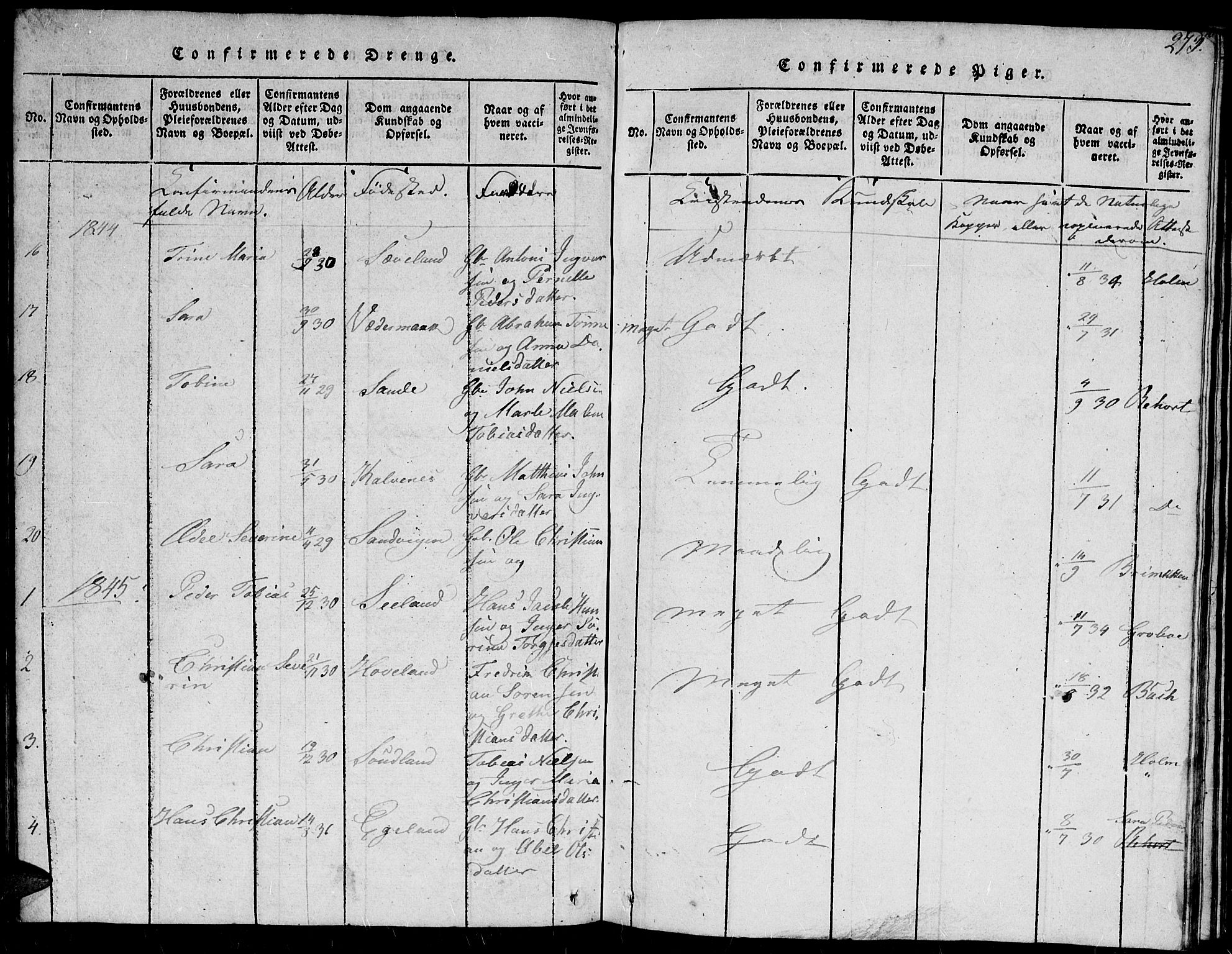Herad sokneprestkontor, SAK/1111-0018/F/Fb/Fba/L0001: Parish register (copy) no. B 1, 1815-1852, p. 273