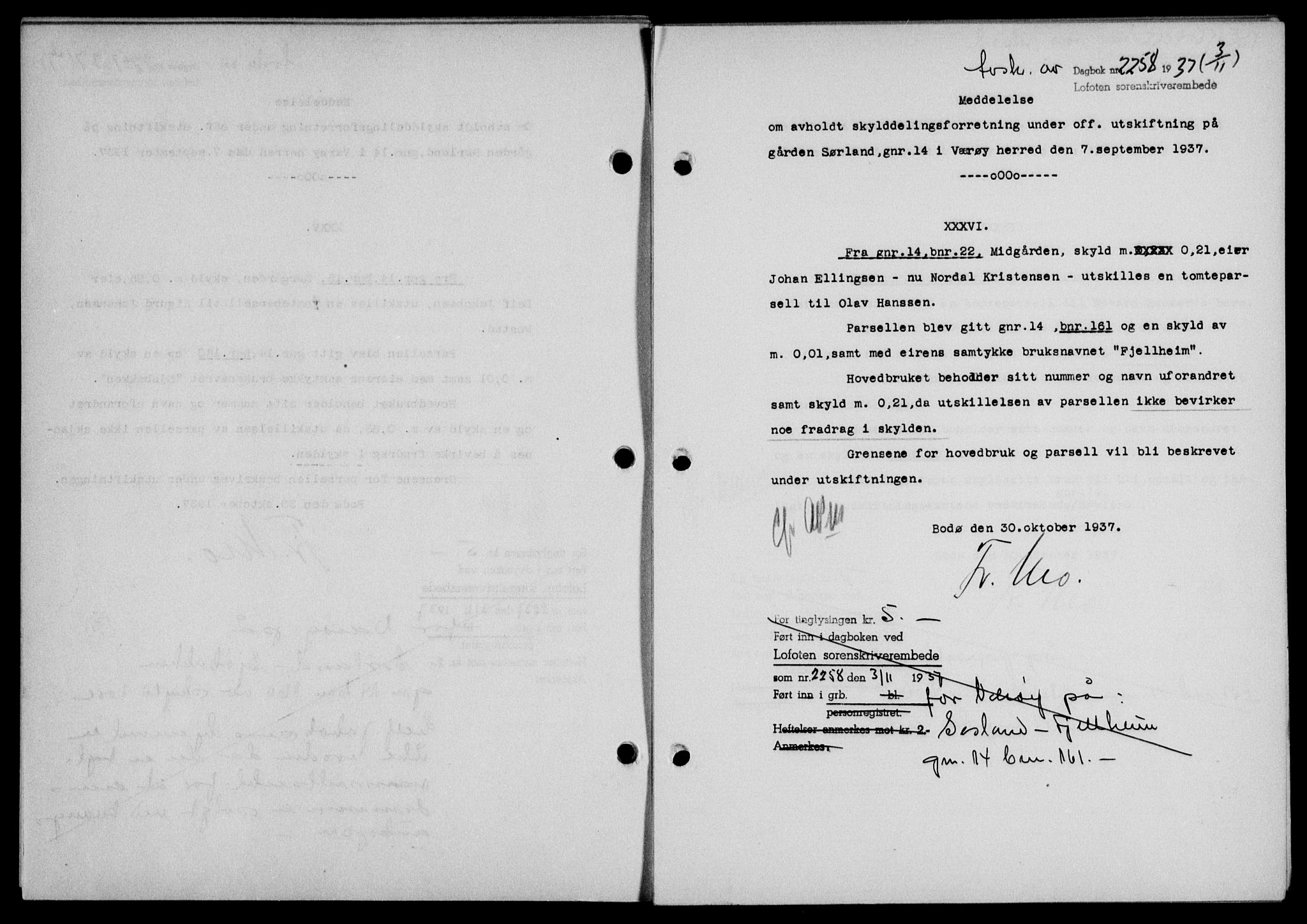 Lofoten sorenskriveri, SAT/A-0017/1/2/2C/L0003a: Mortgage book no. 3a, 1937-1938, Diary no: : 2258/1937