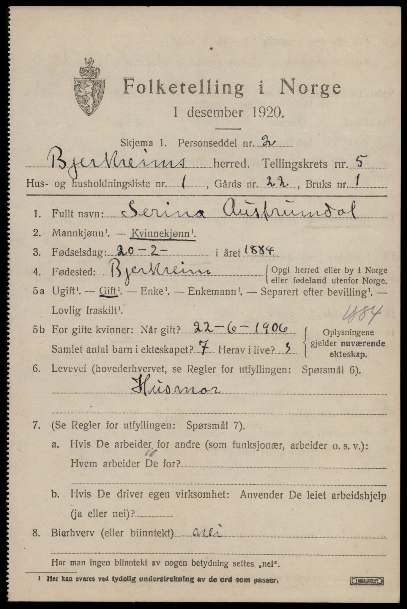 SAST, 1920 census for Bjerkreim, 1920, p. 2050