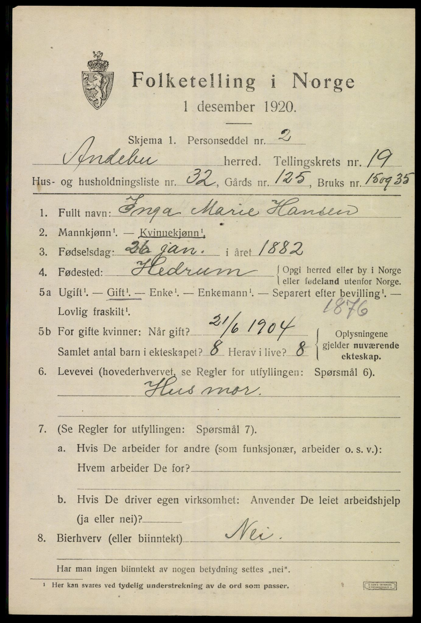 SAKO, 1920 census for Andebu, 1920, p. 6600