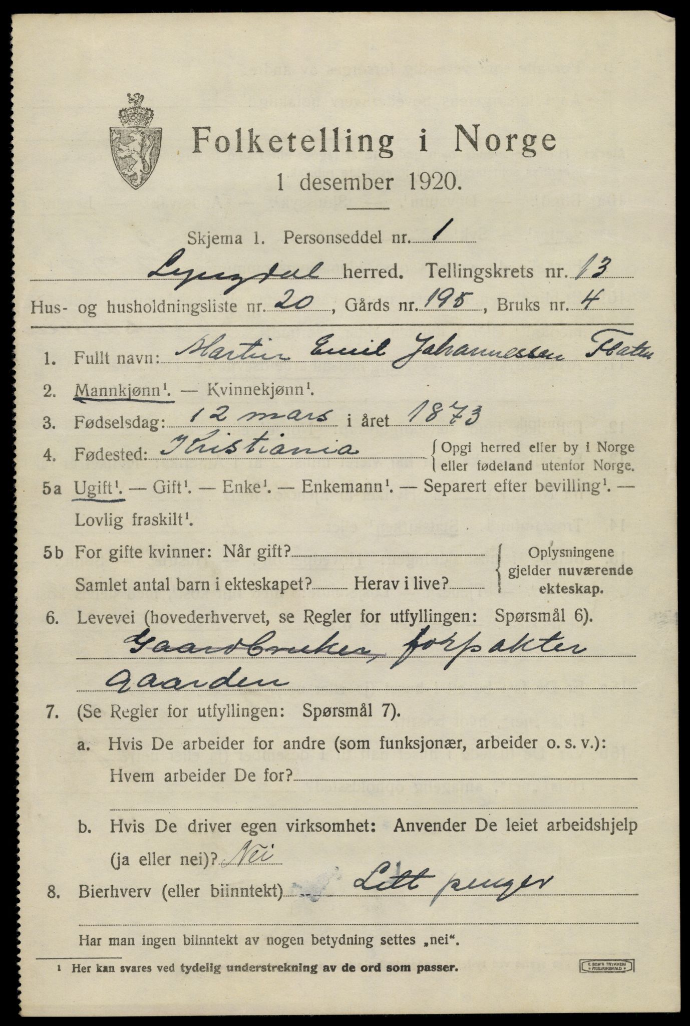 SAK, 1920 census for Lyngdal, 1920, p. 6003