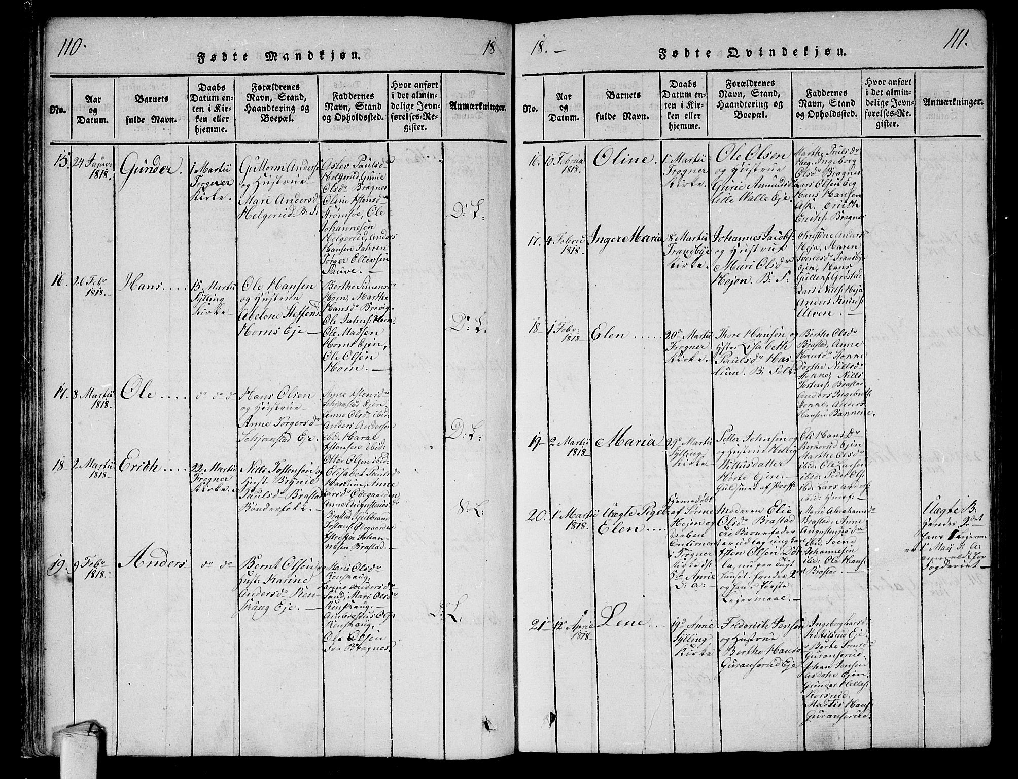 Lier kirkebøker, SAKO/A-230/F/Fa/L0008: Parish register (official) no. I 8, 1813-1825, p. 110-111